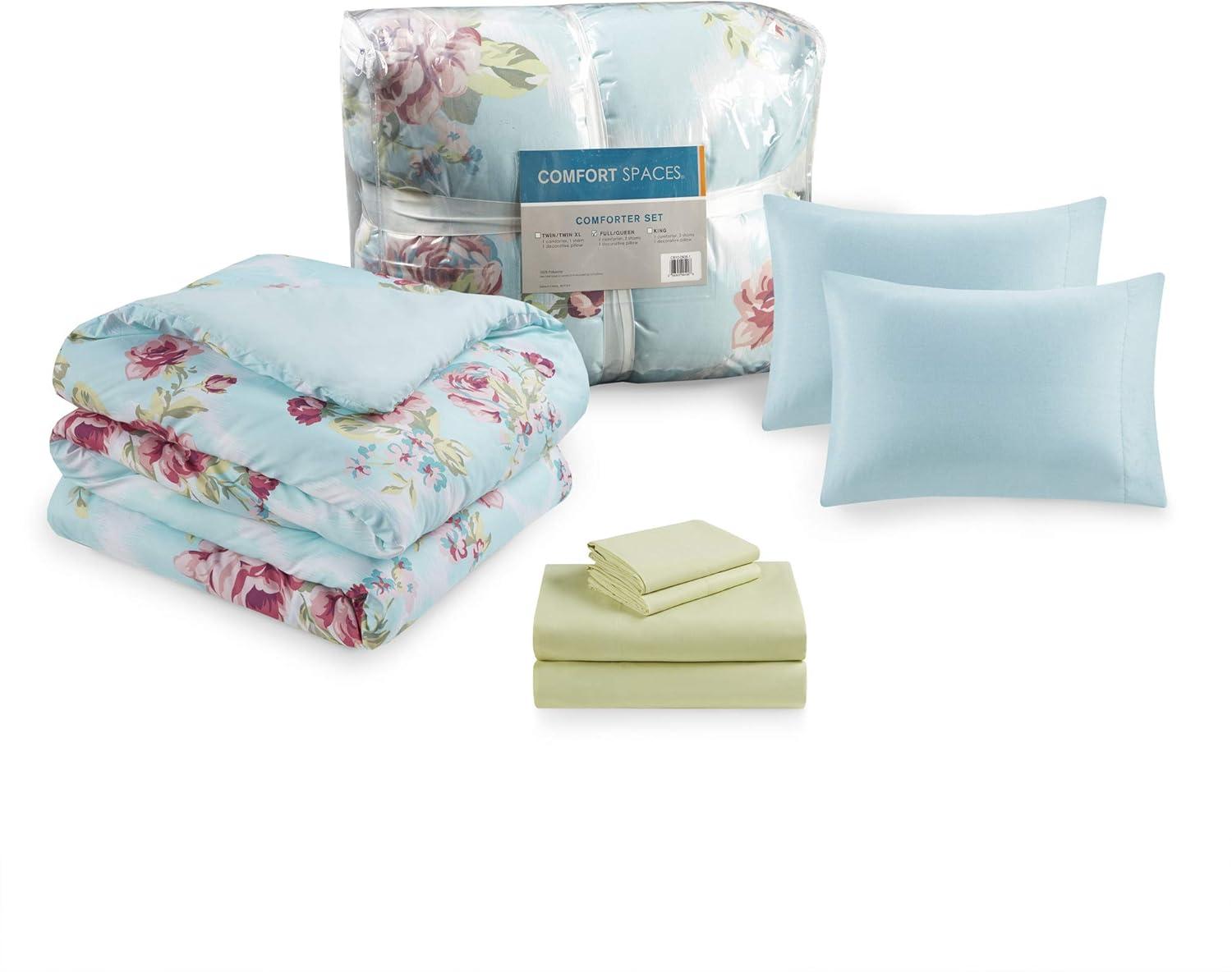 Comfort Spaces 9-Piece Floral Queen Size Bed in a Bag Comforter Bedding Sets with Sheets and Side Pockets , Blue/Red