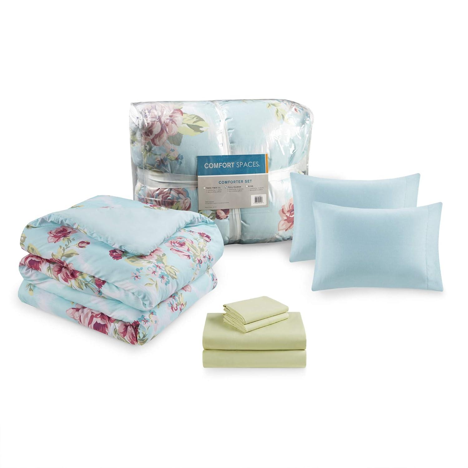 Comfort Spaces 9-Piece Floral Queen Size Bed in a Bag Comforter Bedding Sets with Sheets and Side Pockets , Blue/Red