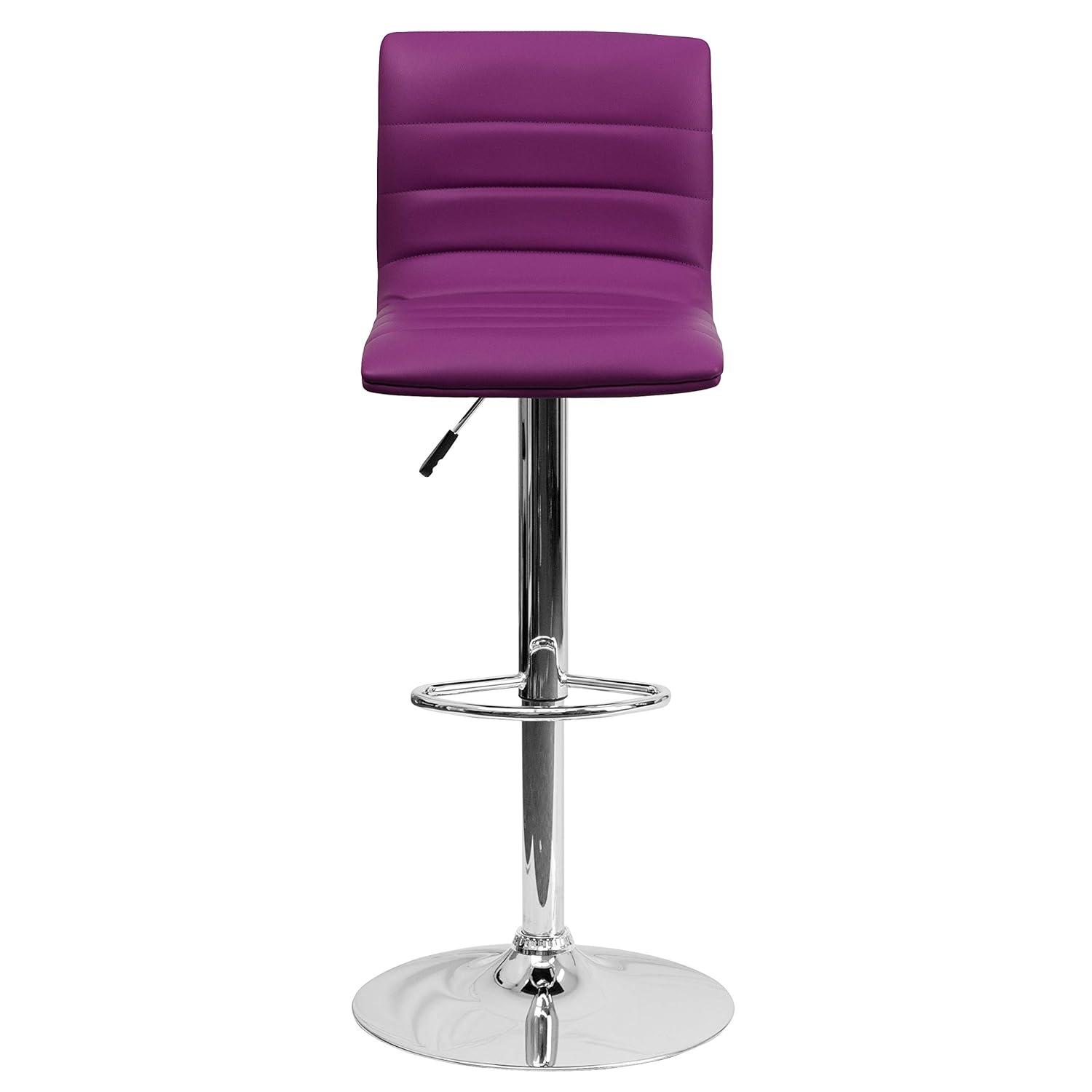 Flash Furniture Modern Purple Vinyl Adjustable Bar Stool with Back, Counter Height Swivel Stool with Chrome Pedestal Base
