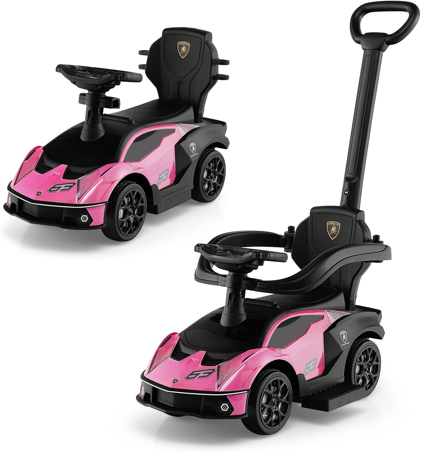 Costway 3-in-1 Licensed Lamborghini Ride on Push Car Stroller Sliding Car w/ Sound Pink