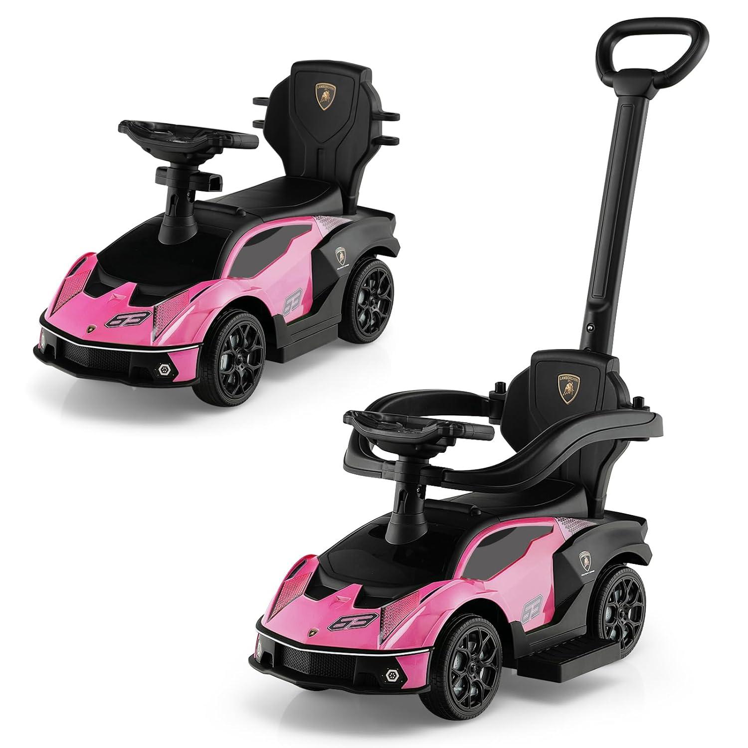 Costway 3-in-1 Licensed Lamborghini Ride on Push Car Stroller Sliding Car w/ Sound Pink