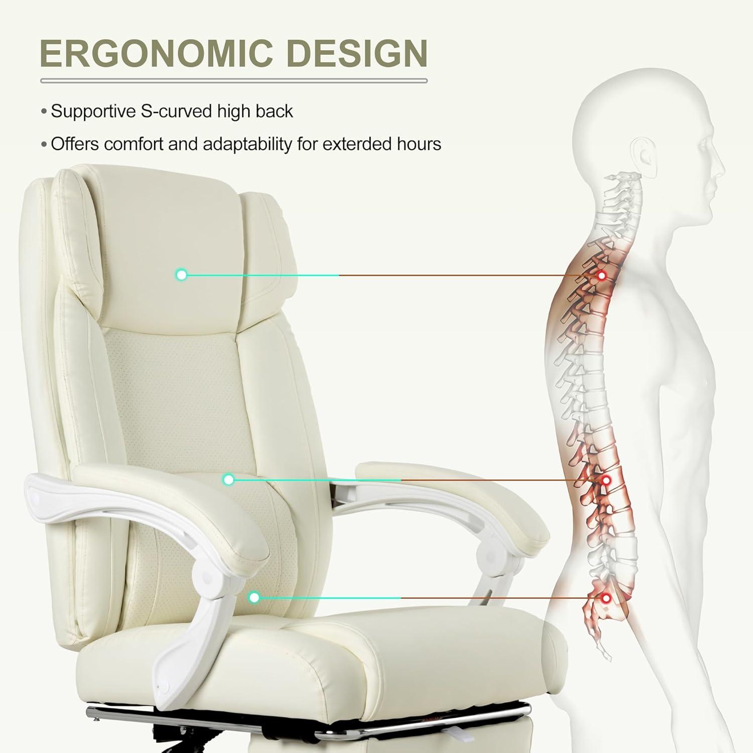 Executive Office Chair with Footrest,90-155°Adjustable Reclining Office Chair,Thick Leather Chair with Lumbar Support,Ergonomic Computer Desk Chair Comfy for Home Office (Cream White)