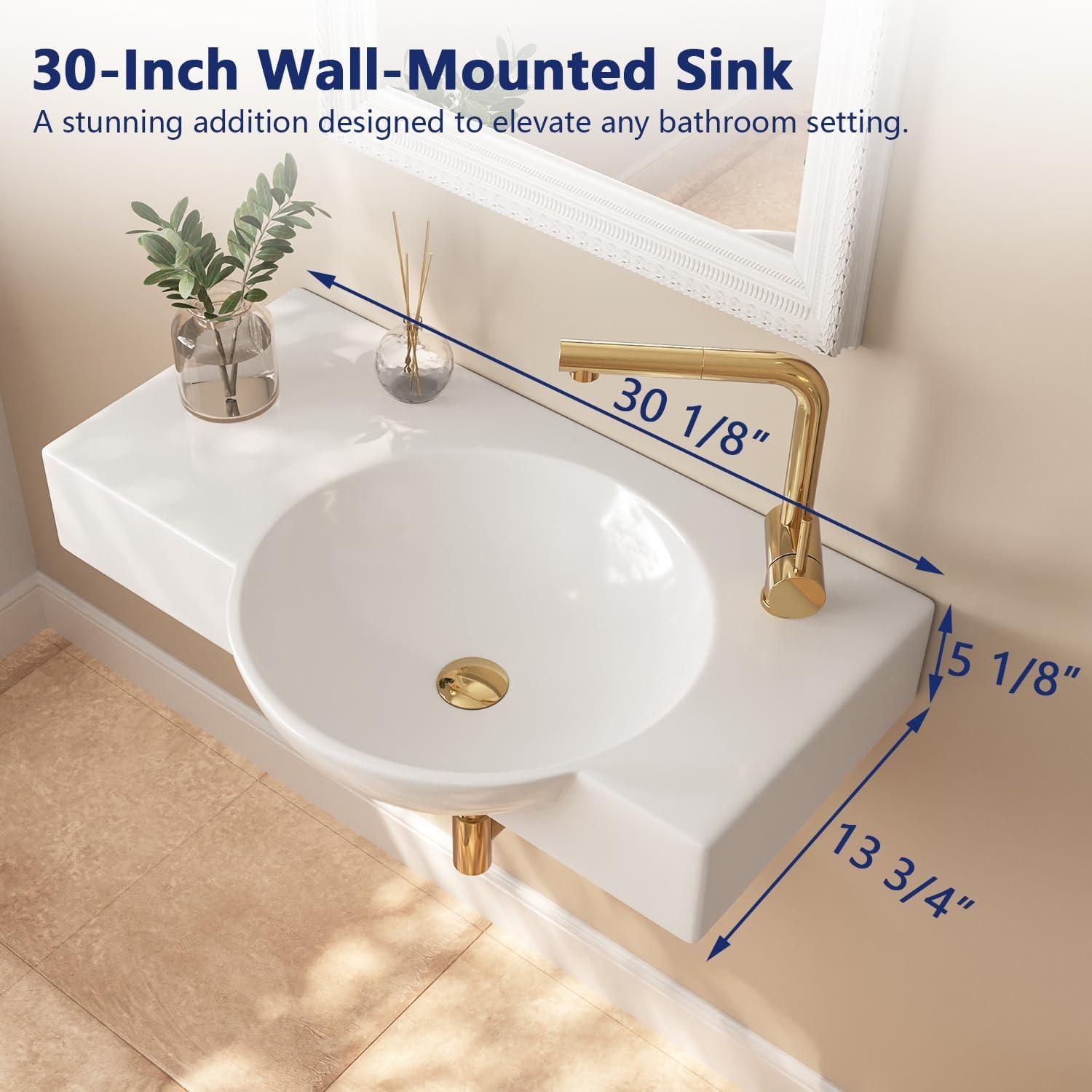 30'' x 18'' White Rectangular Vitreous China Wall Mount Bathroom Sink with Faucet Hole