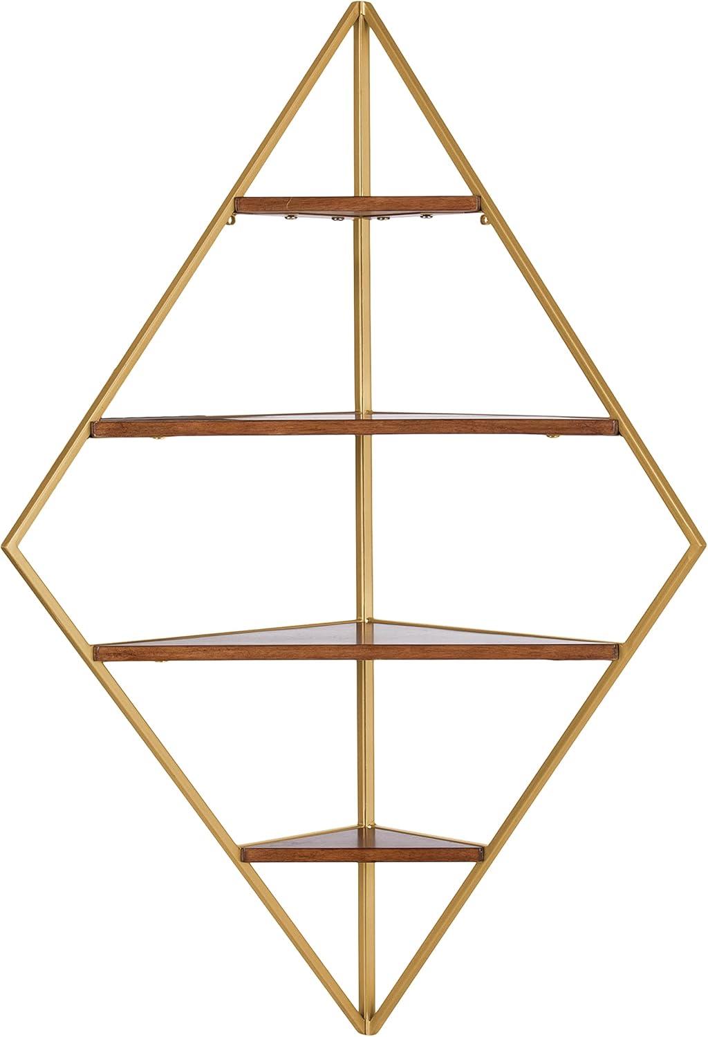 Kate and Laurel Melora Mid-Century Modern Corner Shelf, 24 x 38 x 17, Walnut and Gold, Glamorous Floating Corner Shelving with Four Shelves and Unique Geometric Shape