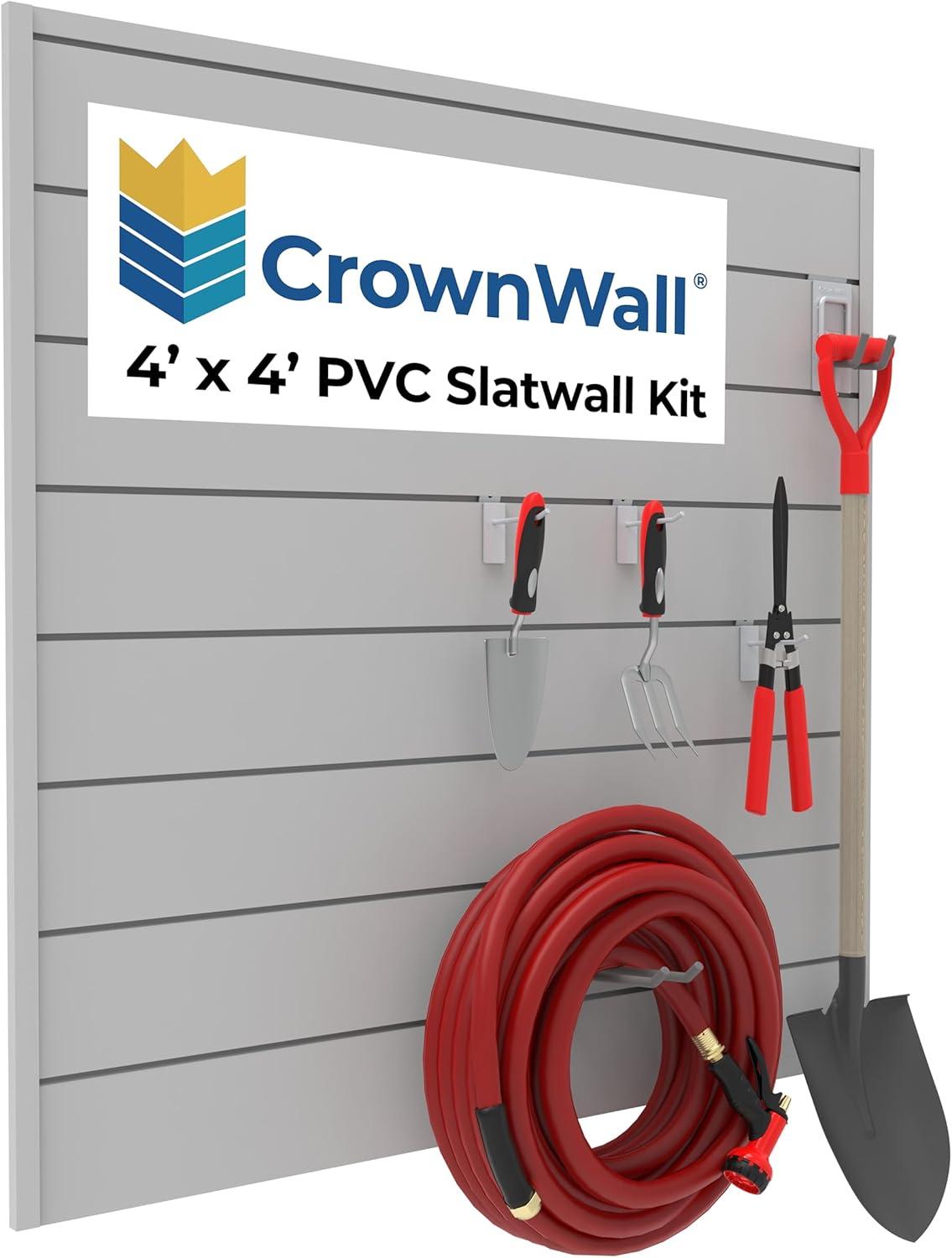 CrownWall PVC Slat Wall Panels Garage Wall and Home Organizer Storage System  | 4ft by 4ft (Set of 8)