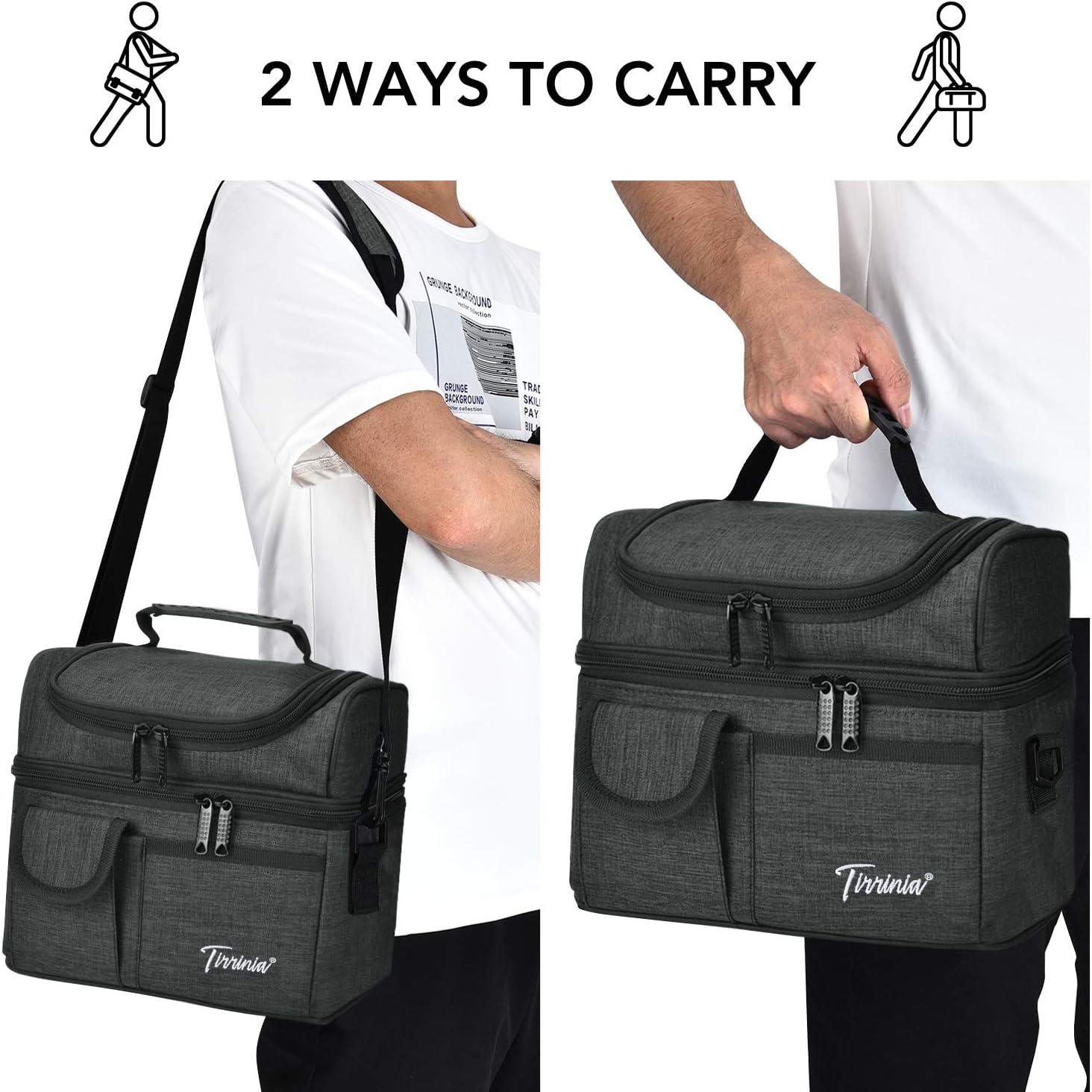 Tirrinia Dual Compartment Lunch Bag with Shoulder Strap for Adults, Large Lunch Bags, Insulated Leakproof Thermal Lunch Totes, Charcoal