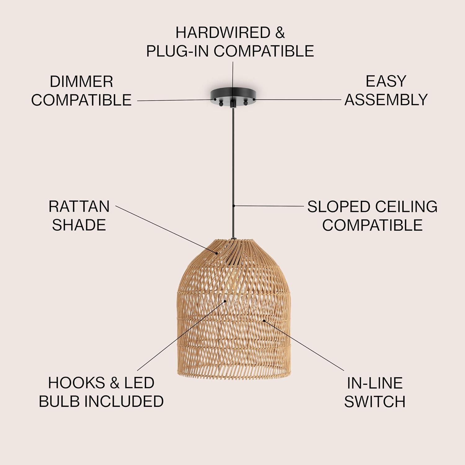 Koda 13" 1-Light Farmhouse Coastal Bohemian Rattan 180" Cord Plug-In or Hardwired LED Pendant, Brown