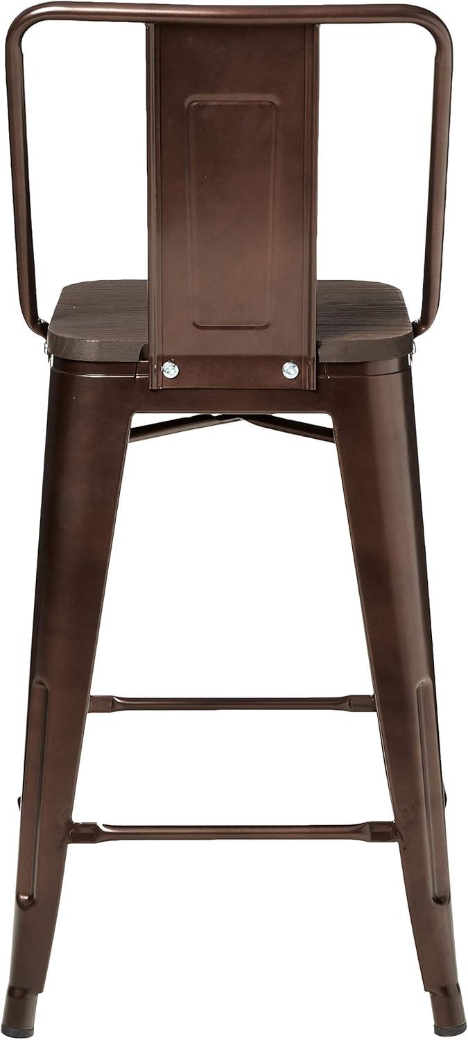 Leejay Coffee 24 inch High Back Counter Height Metal Barstool with Dark Wood Seat, Set of 2