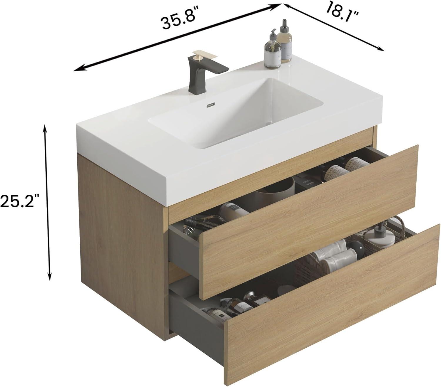 Little Tulip 36 inch Floating Bathroom Vanity with Sink, Modern Bathroom Cabinet inch Natural Oak