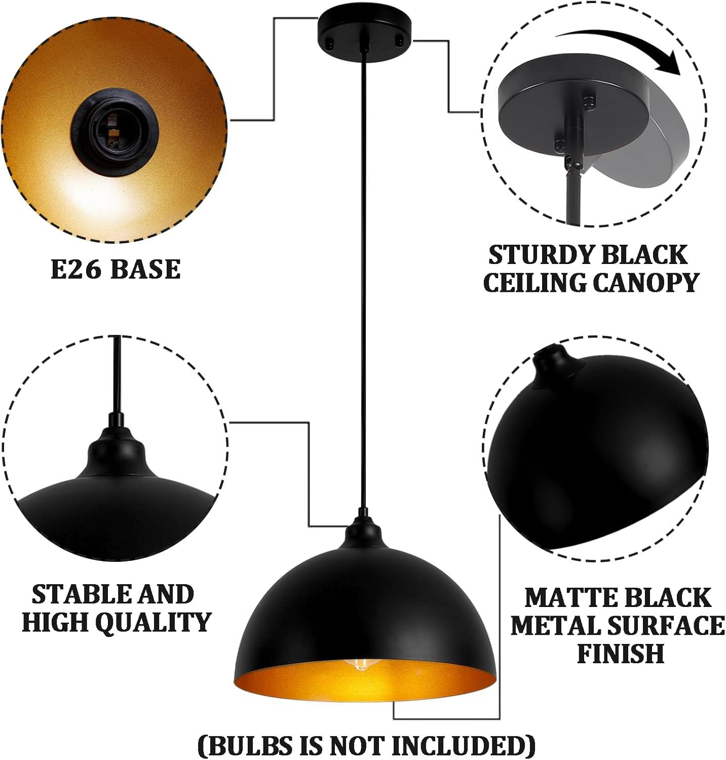 2-Pack Black Pendant Lights, 11.81'' Modern Pendant Lights Kitchen Island, Dome Large Pendant Light for Dining Room Foyer Bedroom Entryway Hallway Light Fixtures
