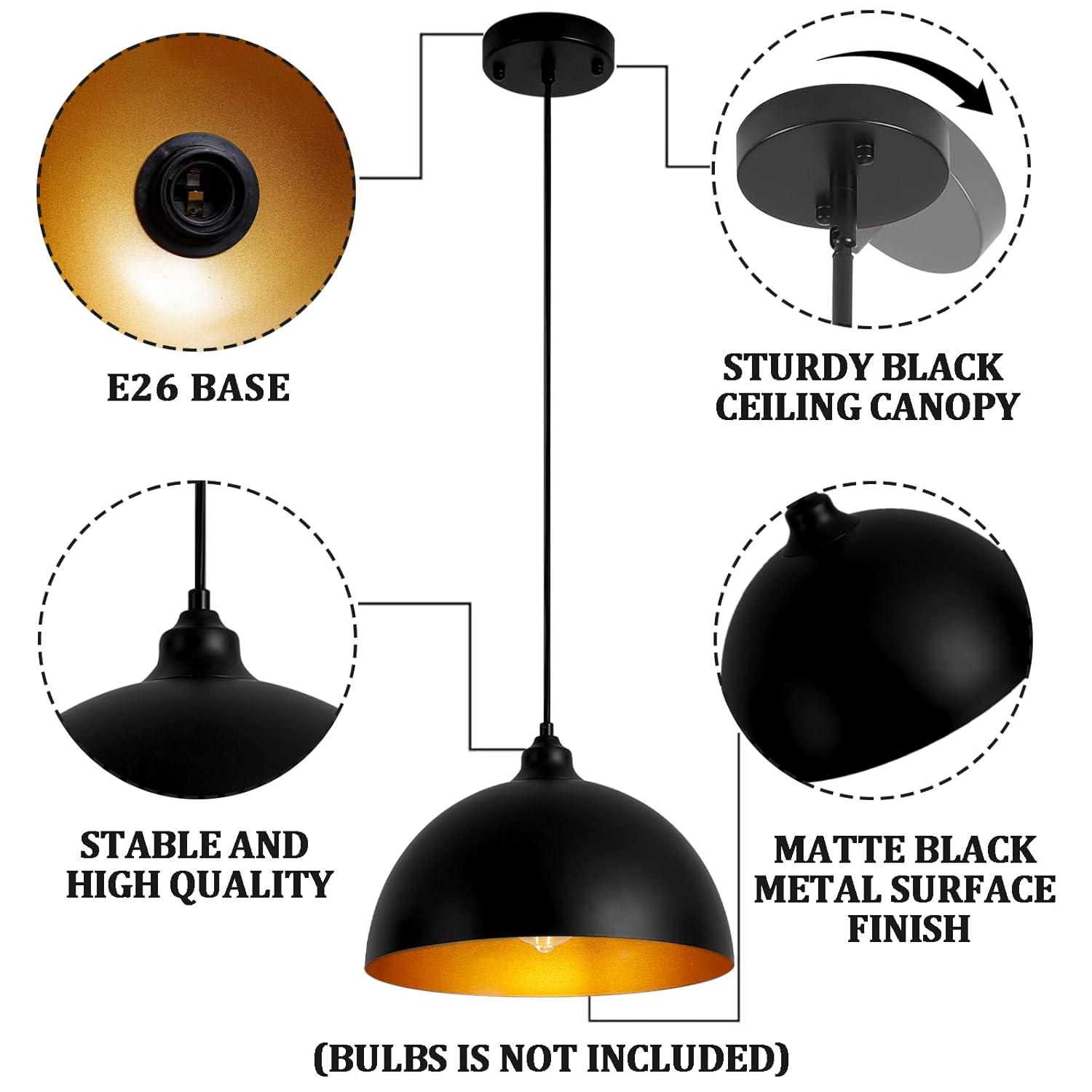 2-Pack Black Pendant Lights, 11.81'' Modern Pendant Lights Kitchen Island, Dome Large Pendant Light for Dining Room Foyer Bedroom Entryway Hallway Light Fixtures