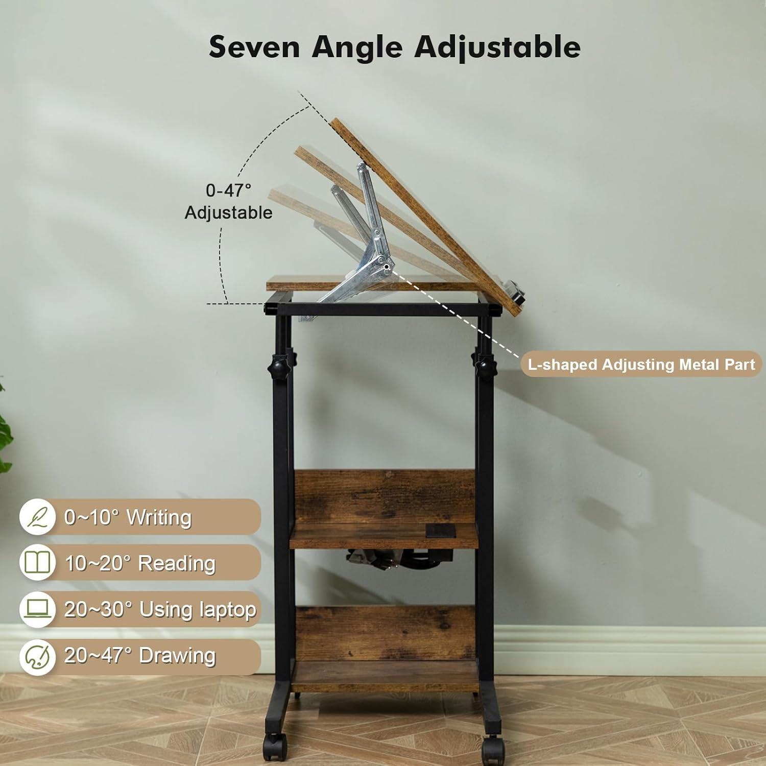 Hadulcet Adjustable C Table with Charging Station, Tiltable Desk C Shaped End Table for Couch, Over Bed Table with Wheels Adjustable Height, Hospital Table Laptop Stand Drawing Desk, Rustic Brown