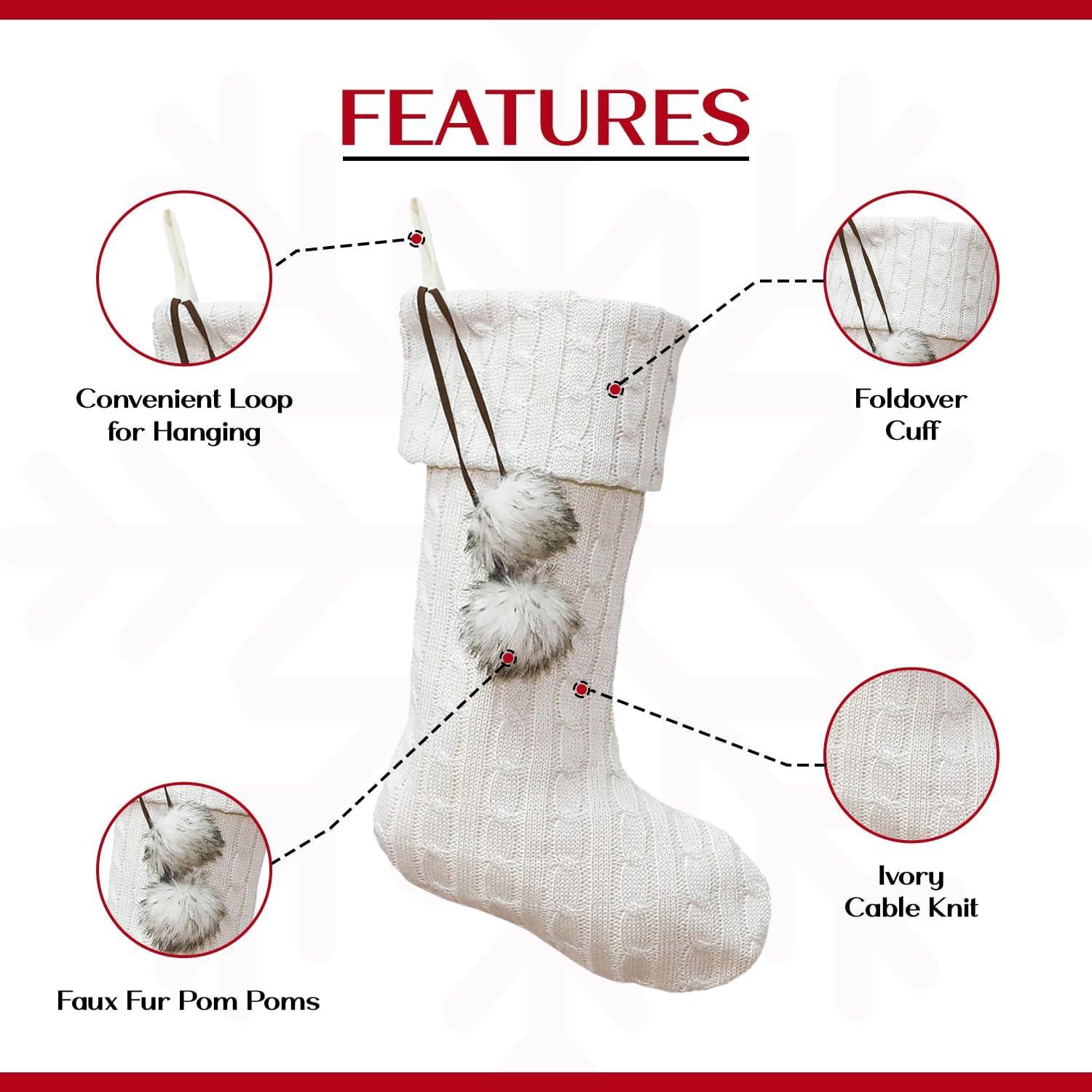 Ivory Cable Knit Christmas Stockings with Faux Fur Pom Poms, 20 Inches, Set of 3