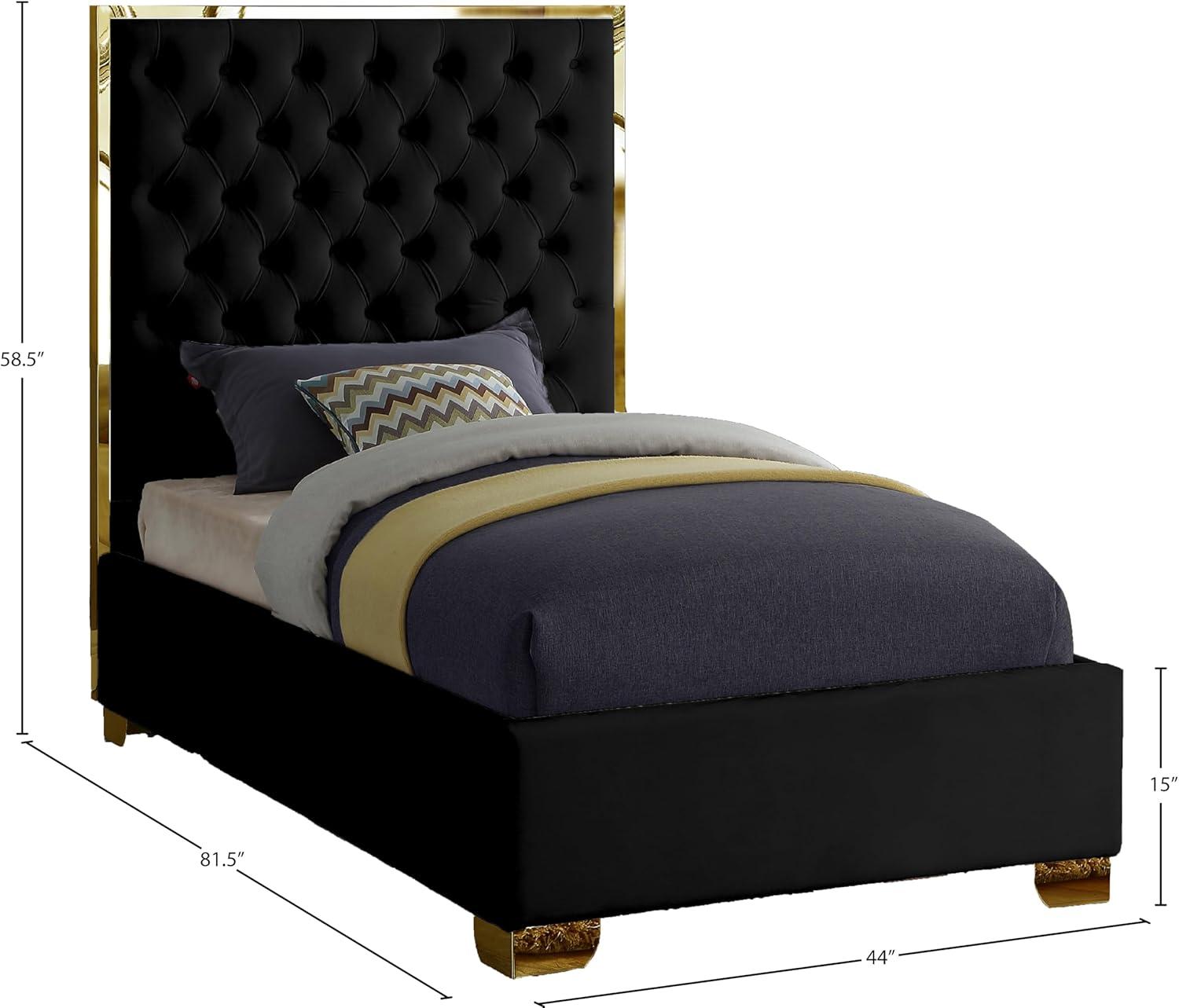 Lana Black Velvet Queen Bed-Color:Black Velvet,Finish:Gold,Style:Contemporary