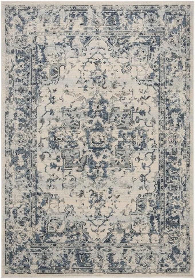 Charleston Ivory and Navy Rectangular Synthetic Area Rug