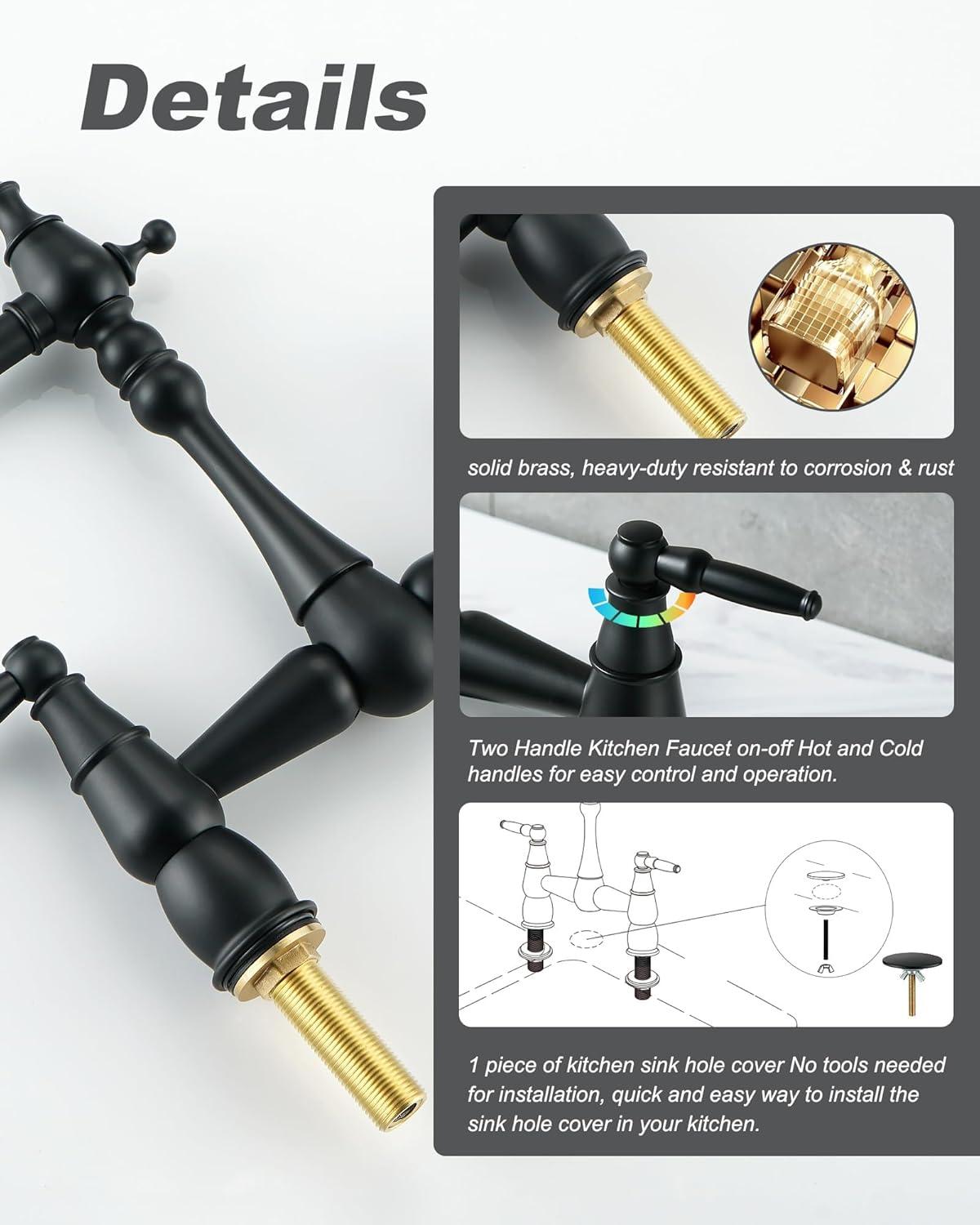 Double Handle Bridge Kitchen Faucet with Sink Hole Cover in Matte Black