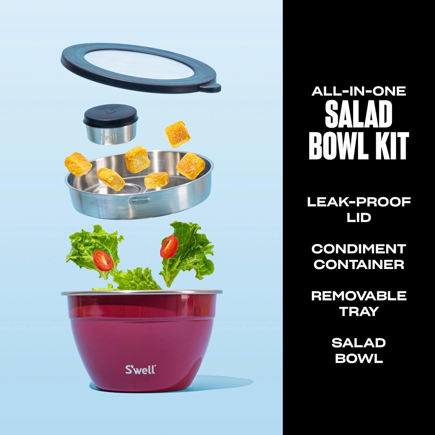 S'well 64oz Salad Bowl Kit Wild Cherry: Stainless Steel Salad Container with Silicone Lid, Dishwasher-Safe, Red