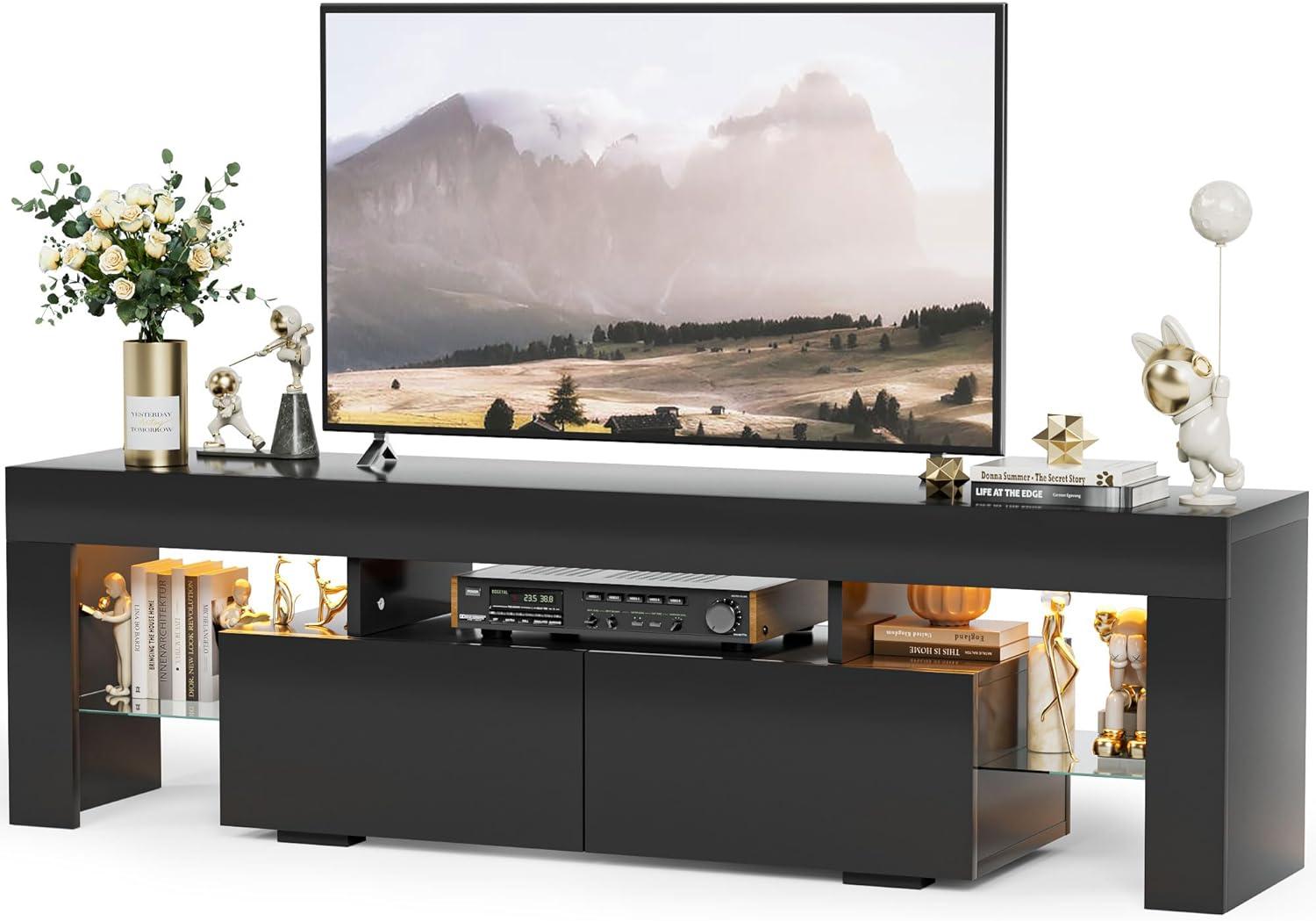 Homall  TV Stand for 65-Inch TV with Led Lights, High Gloss Cabinet and Storage Rack, Gaming Console Entertainment Center in Living Room Bedroom Media Floor,Black