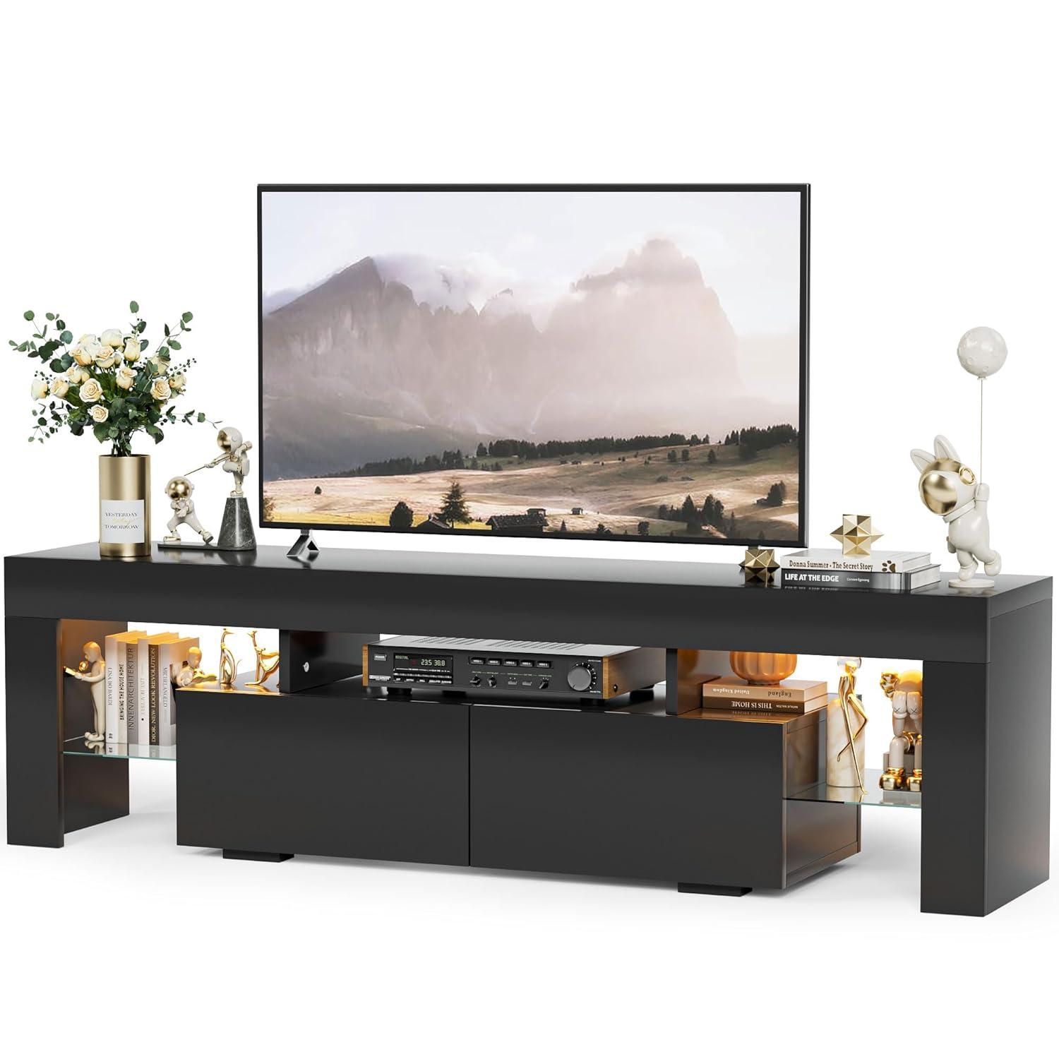 Homall  TV Stand for 65-Inch TV with Led Lights, High Gloss Cabinet and Storage Rack, Gaming Console Entertainment Center in Living Room Bedroom Media Floor,Black