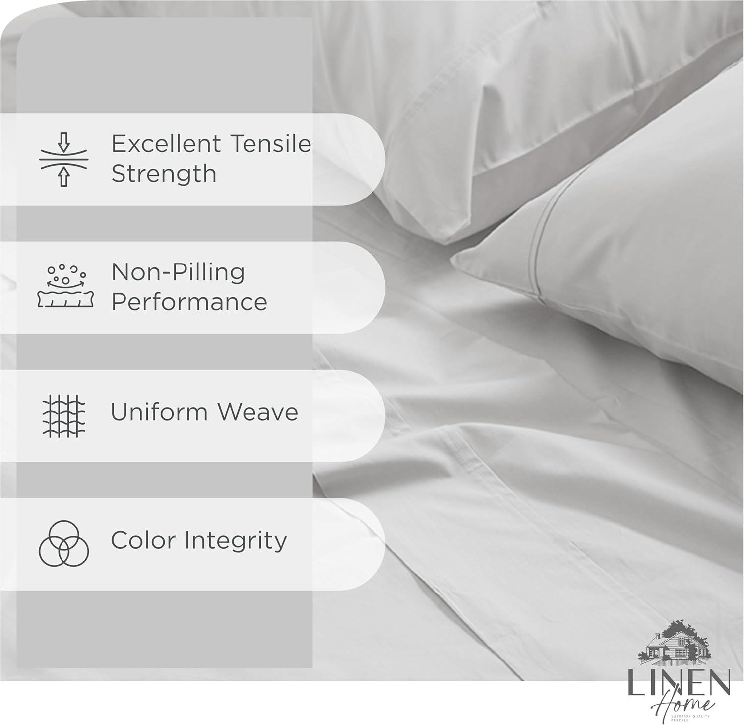 Linen Home 100% Cotton Percale Sheets Queen Size, Silver, Deep Pocket, 4 Pieces Set - 1 Flat, 1 Deep Pocket Fitted Sheet and 2 Pillowcases, Crisp Cool and Strong Bed Linen