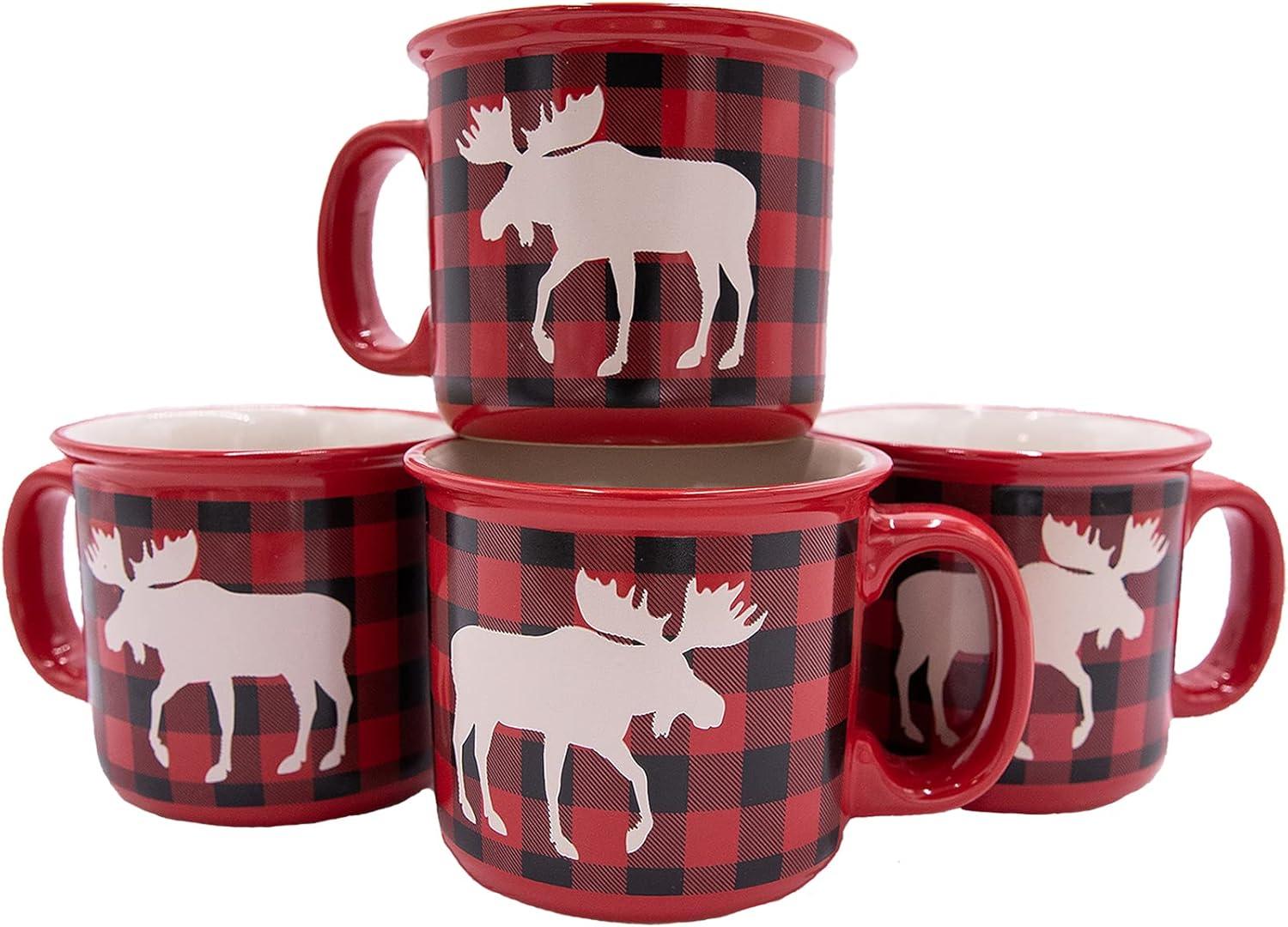 Moose Plaid Red and Black Ceramic 12 oz Mug Set