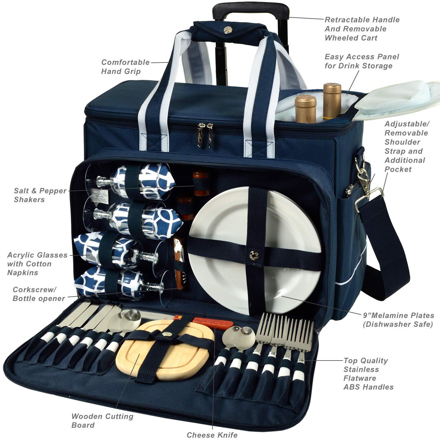 Picnic at Ascot Picnic At Ascot Soft Sided Rolling Cooler With Four Person Picnic Set