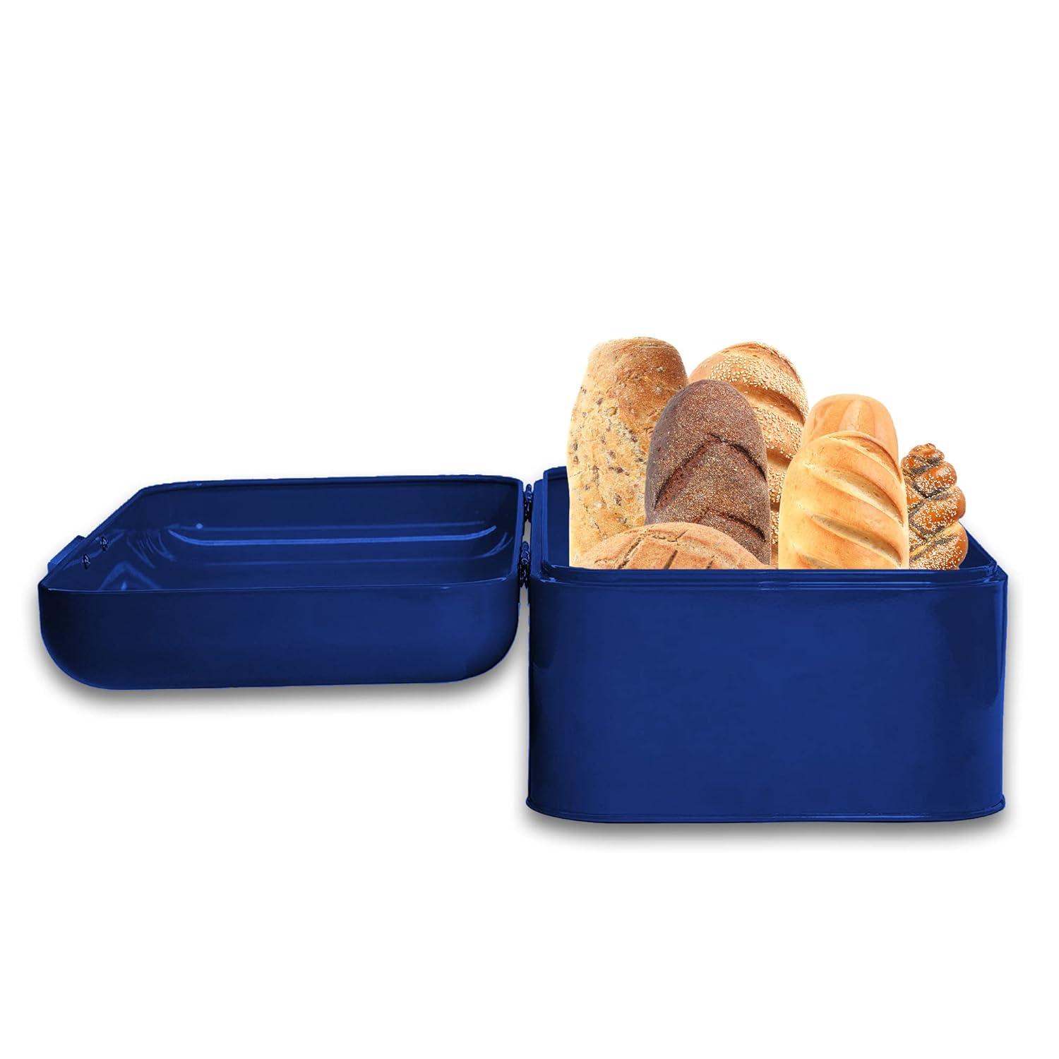 Culinary Couture Extra Large Blue Bread Box for Kitchen Countertop - Holds 2 Loaves - 16.5" x 9" x 6.5" - Stainless Steel Vintage Bread Boxes for Kitchen Counters