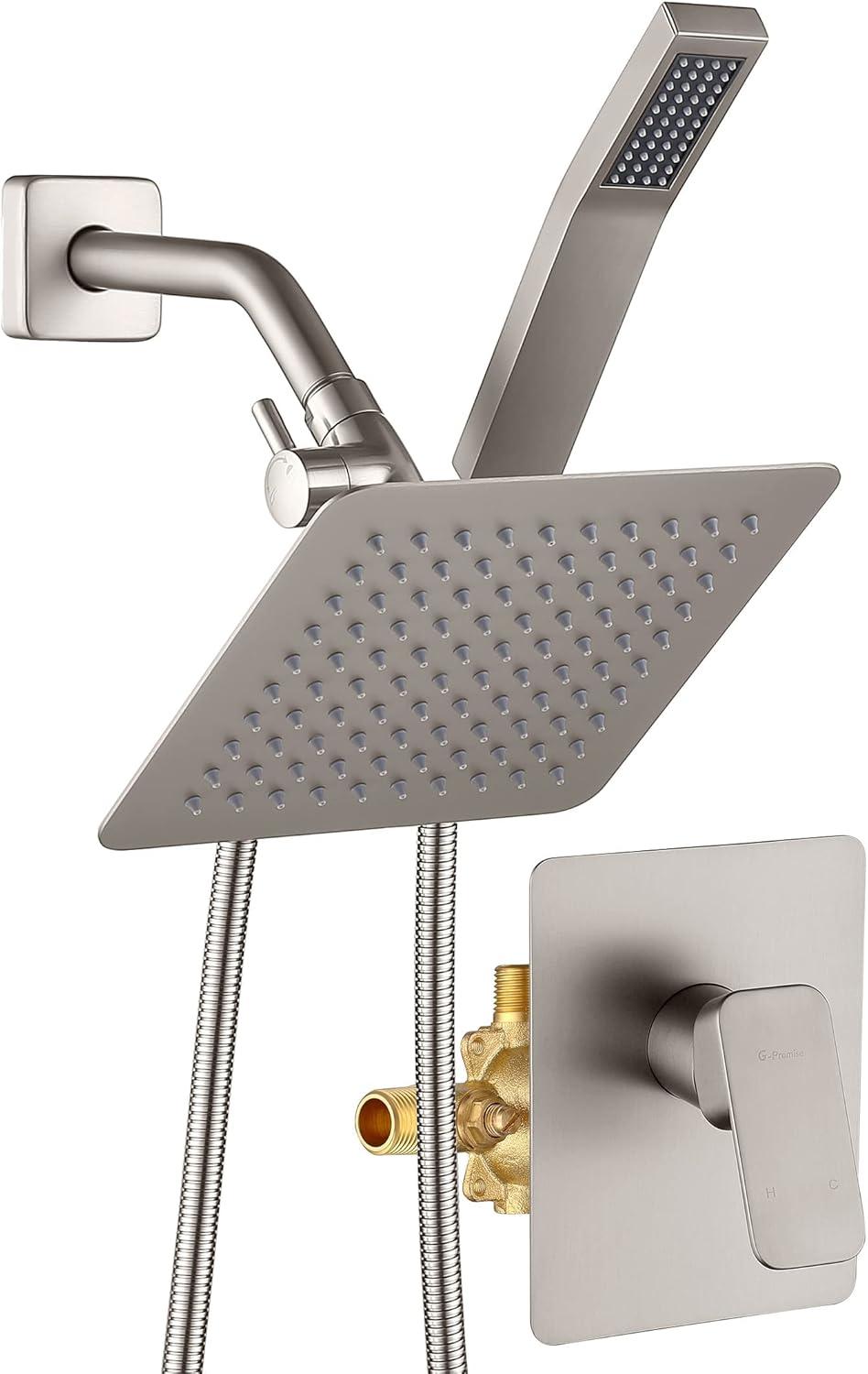 All Metal Shower Faucet Set, Dual Square Shower Head System with Handheld Wand & Rainfall Showerhead, Diverter, Hose Complete Combo, Pressure Balance Rough-in Valve Included