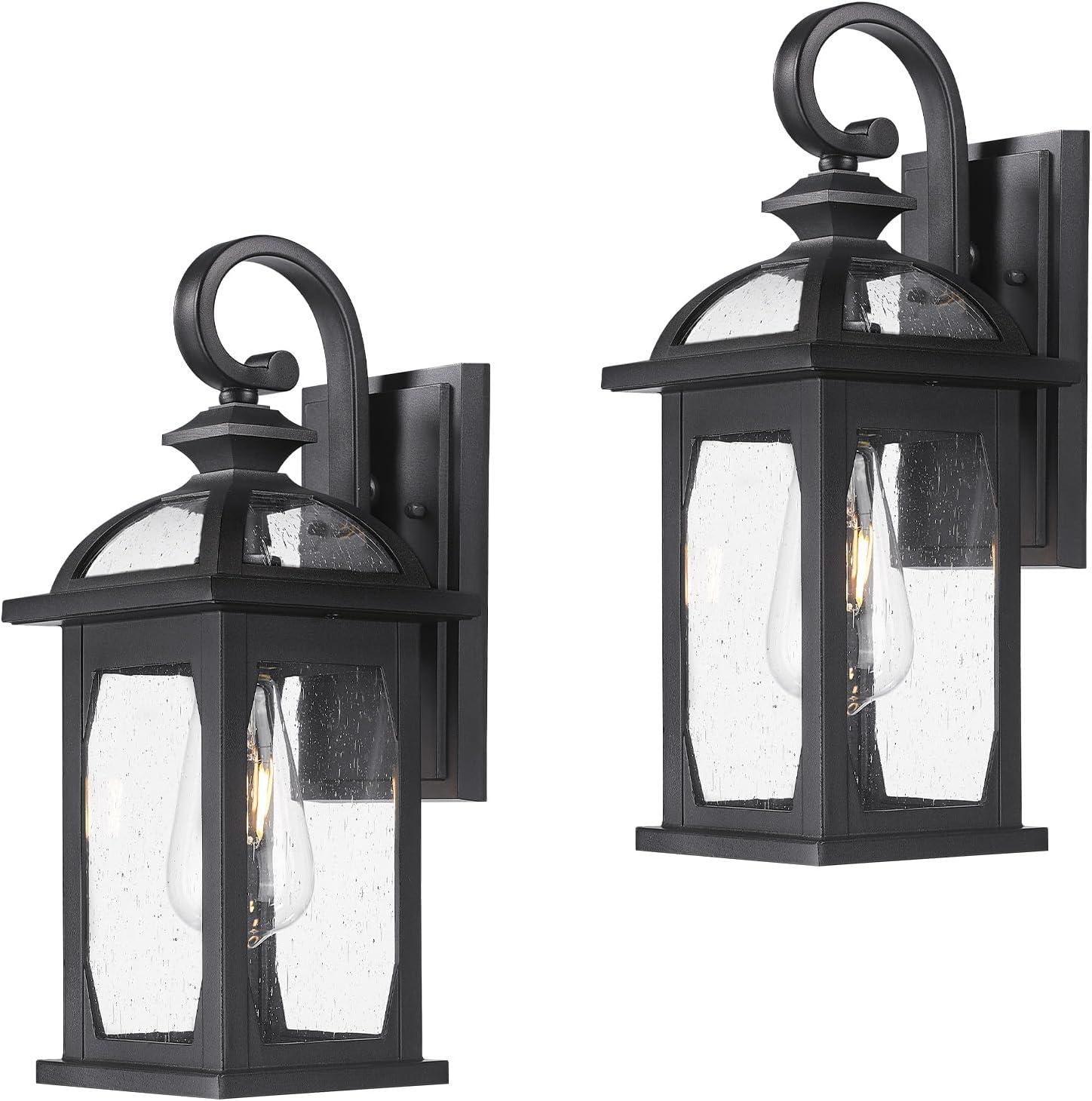 Matte Black Outdoor Wall Sconce with Seeded Glass Shade, Set of 2