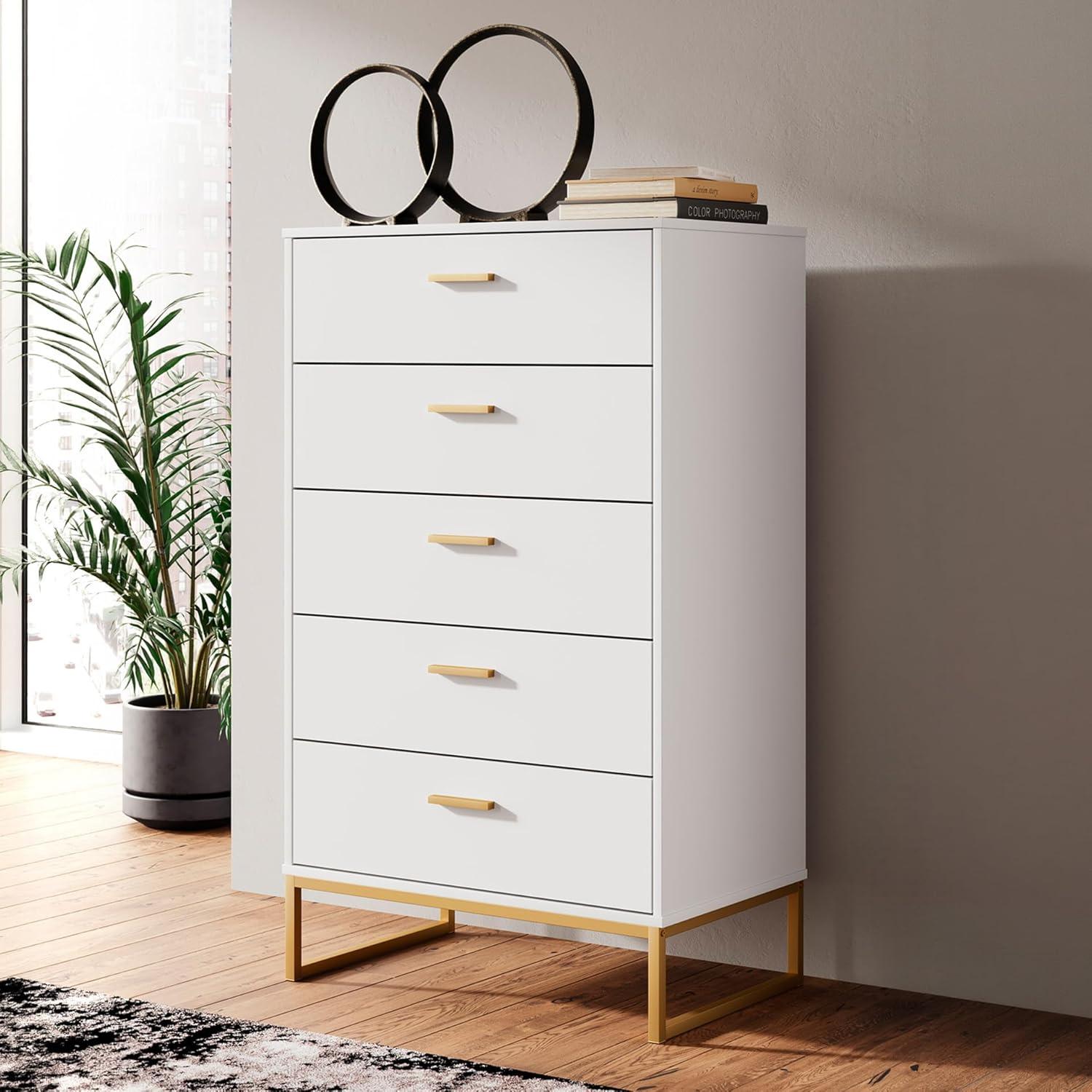 Signature Design by Ashley Socalle 5 Drawer Tall Dresser, White/Gold