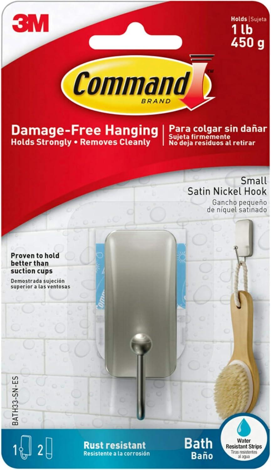 Command 076308728588 Bath, Satin Nickel, 1-Hook, 2-Small Water-Resistant Strips (BATH33-SN-ES), Satin Nickel