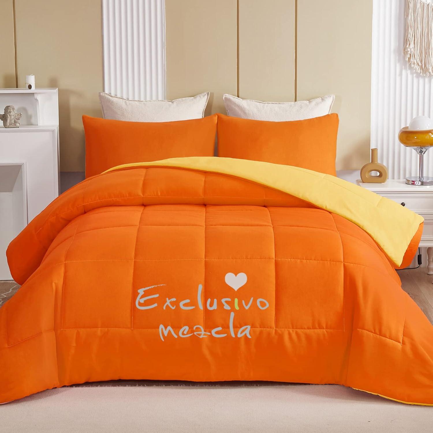 Exclusivo Mezcla Lightweight Reversible 3-Piece Comforter Set All Seasons, Down Alternative Comforter with 2 Pillow Shams, Queen Size, Orange/ Yellow