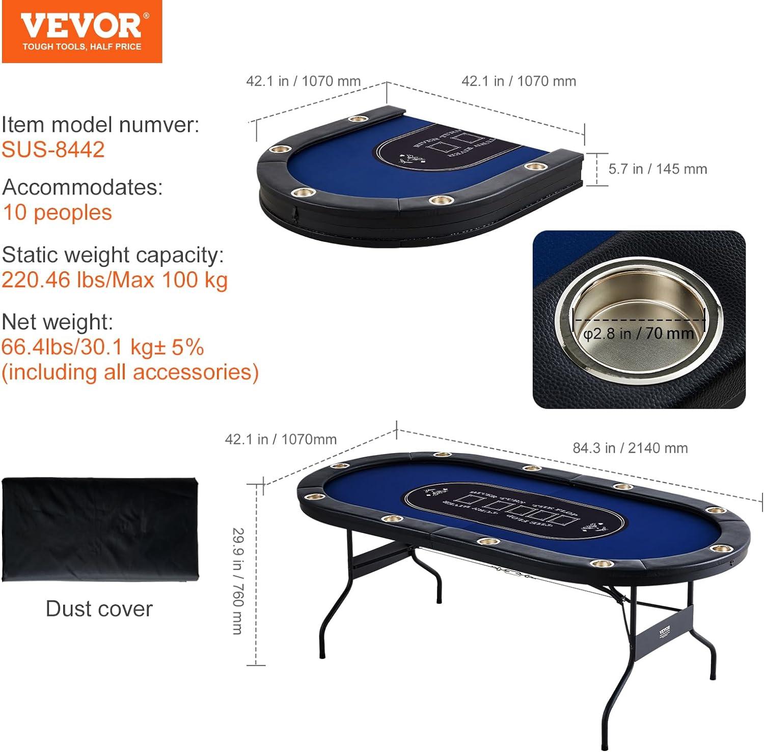 VEVOR 10 Player Poker Table Foldable, Portable Folding Card Board Game Table, Blackjack Texas Holdem Table with Padded Rails and Stainless Steel Cup Holders,Blue (84 in), Casino Leisure Table