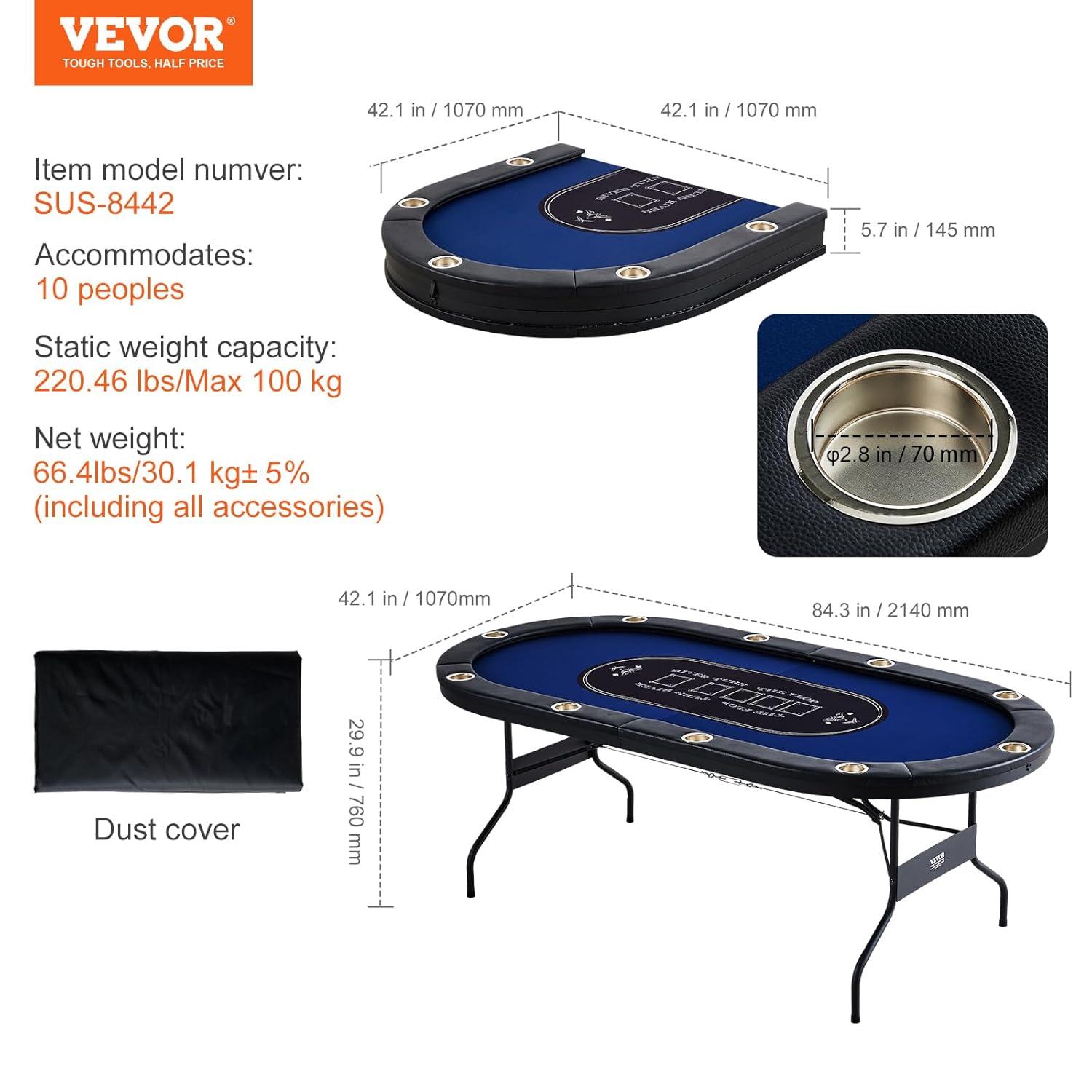 VEVOR 10 Player Poker Table Foldable, Portable Folding Card Board Game Table, Blackjack Texas Holdem Table with Padded Rails and Stainless Steel Cup Holders,Blue (84 in), Casino Leisure Table