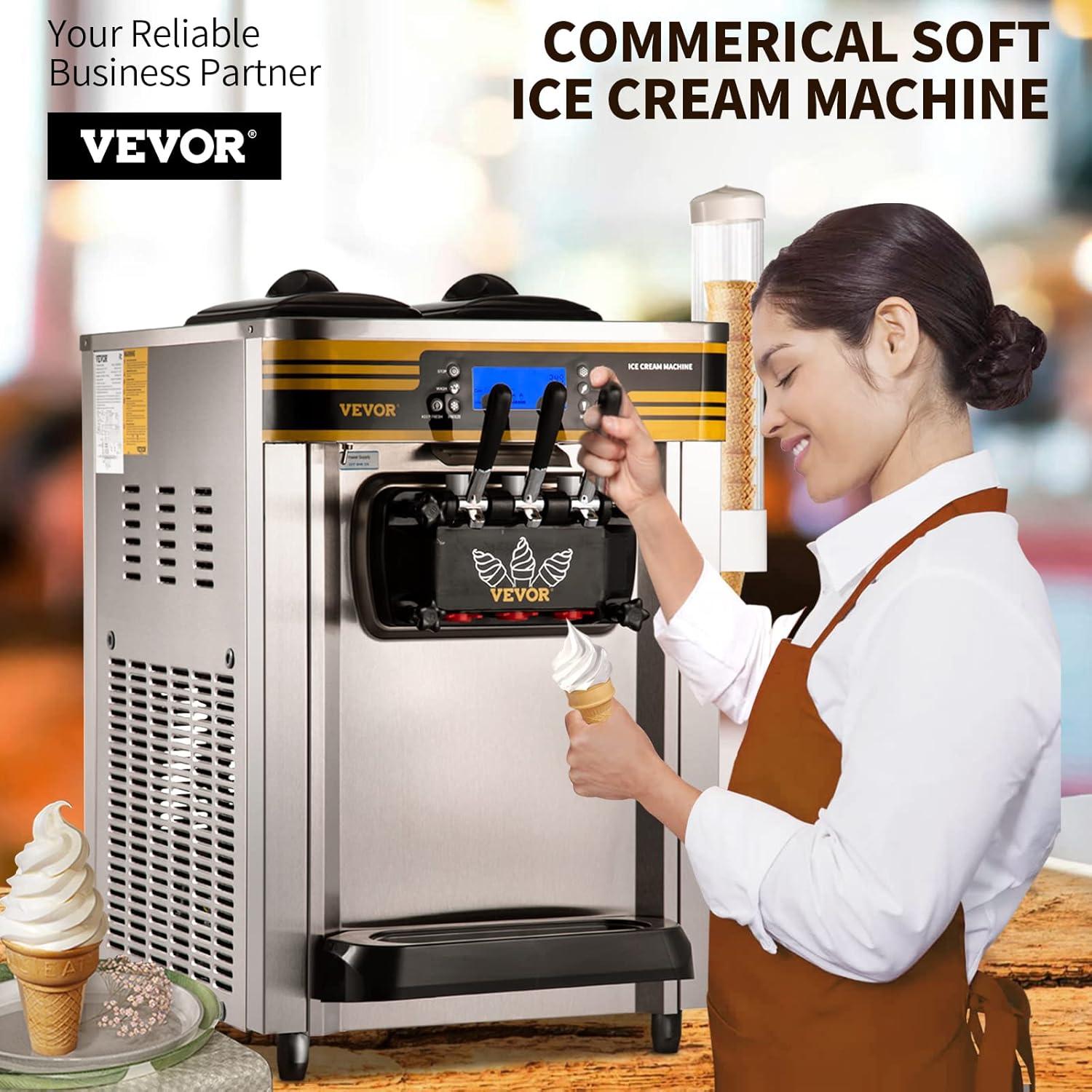 VEVOR Commercial Ice Cream Maker, 22-30L/H Yield, 2350W Countertop Soft Serve Machine w/ 2x6L Hopper 2L Cylinder LCD Panel Puffing Shortage Alarm, Frozen Yogurt Maker for Restaurant Snack Bar