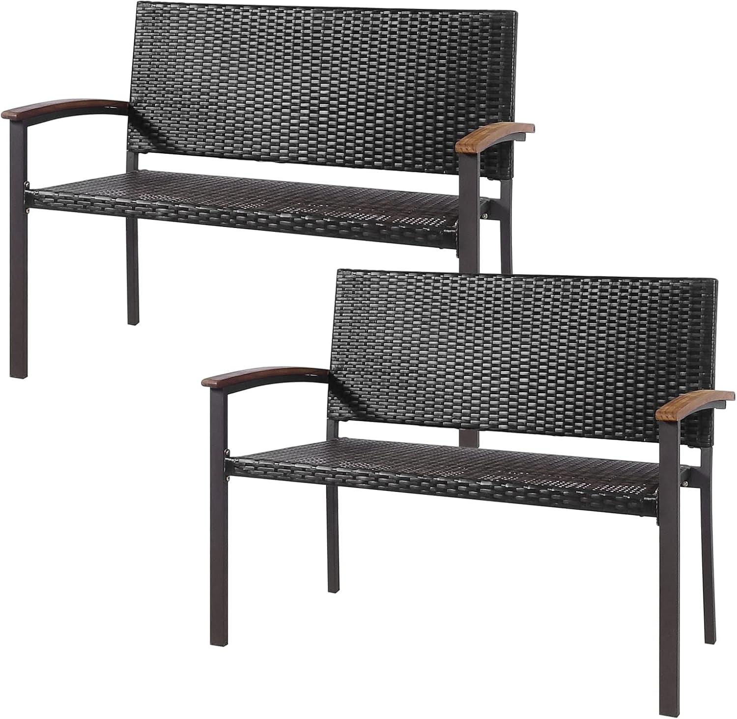 Tangkula 2 PCS Patio Furniture Set Weather-Resistant Rattan Bench Wicker Loveseat Steel frame for Yard Garden Poolside