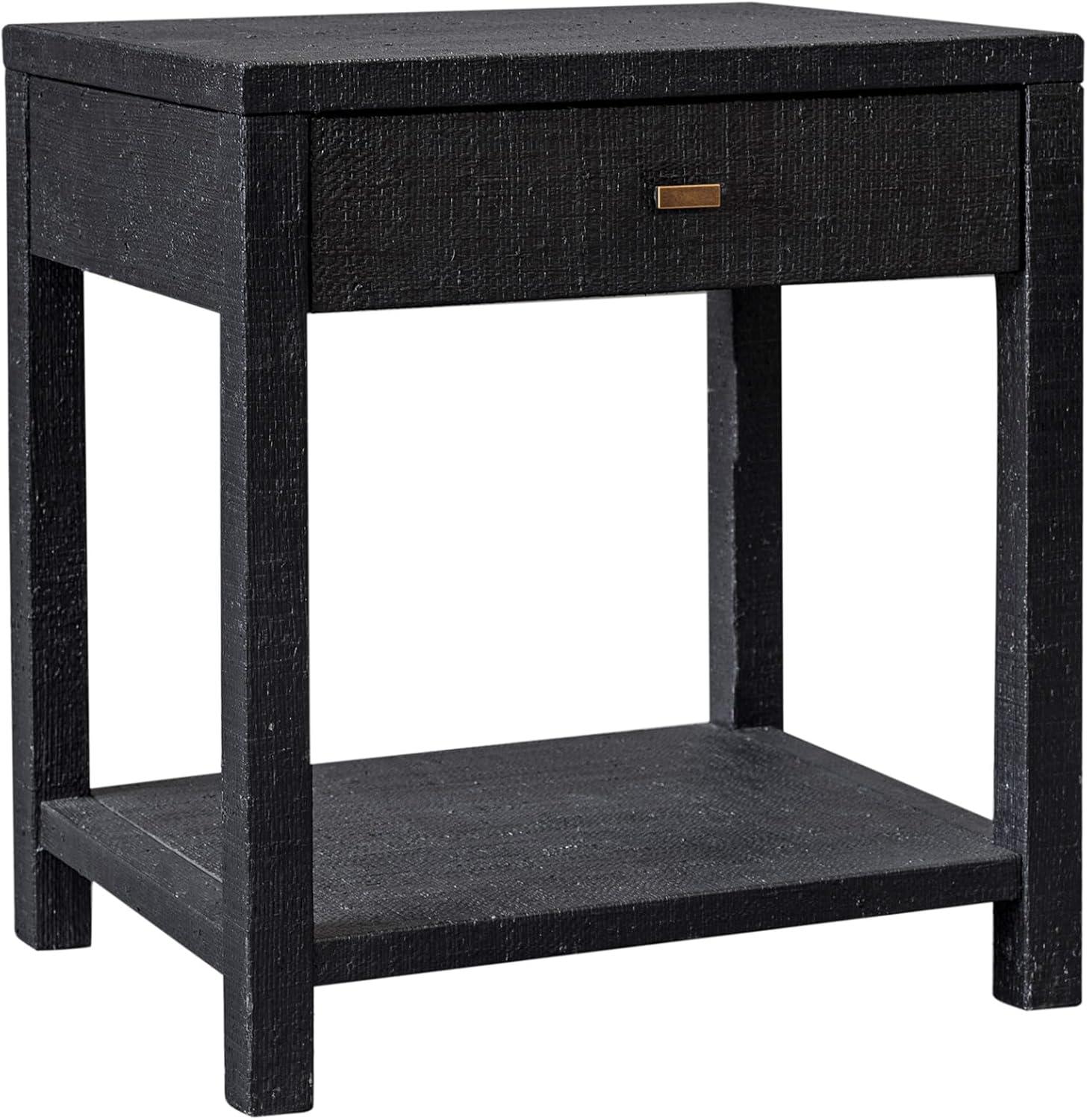 East at Main Indigo Road by Egypt Sherrod Gia Black Bedside Table with Drawer & Open Shelf – Modern Wood Nightstand for Bedroom Storage, Handcrafted Raffia Accent Table