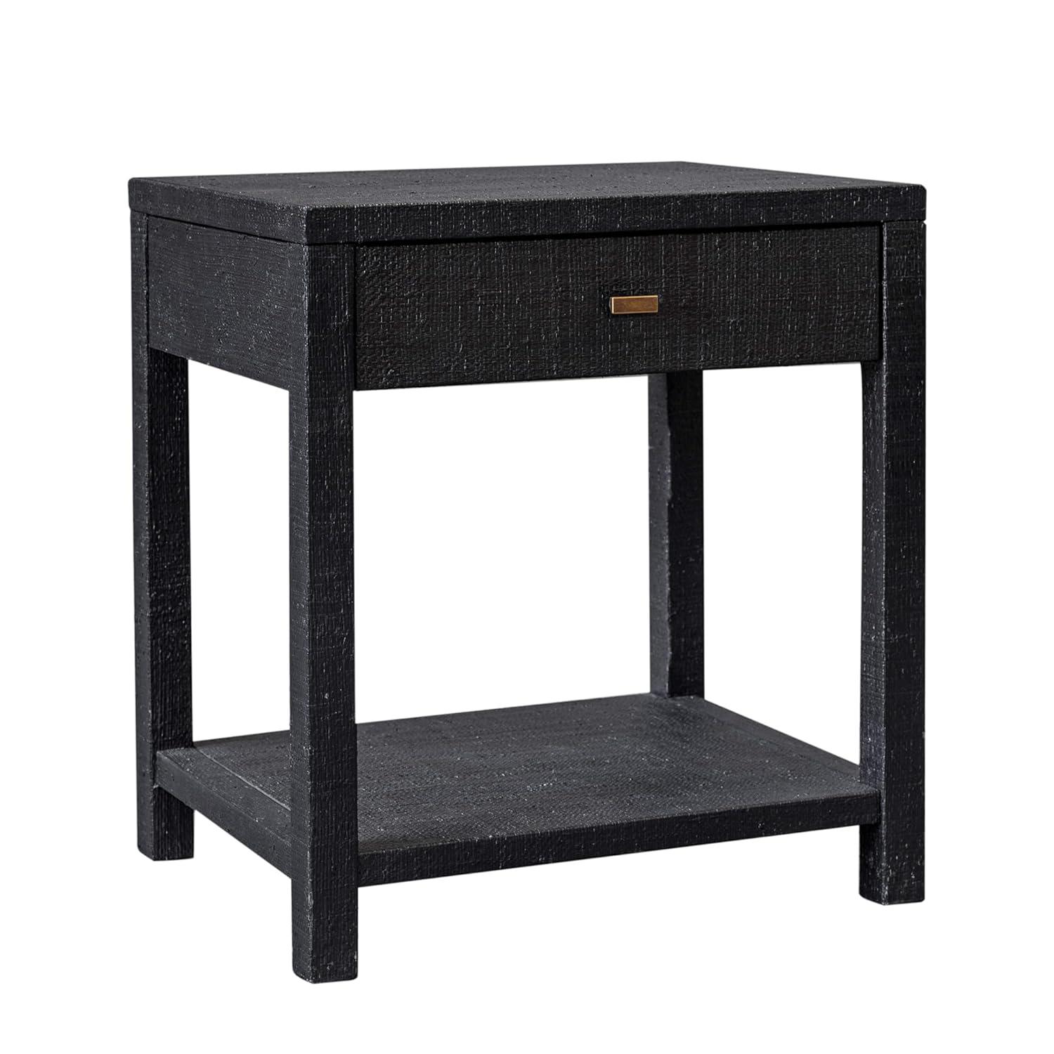East at Main Indigo Road by Egypt Sherrod Gia Black Bedside Table with Drawer & Open Shelf – Modern Wood Nightstand for Bedroom Storage, Handcrafted Raffia Accent Table