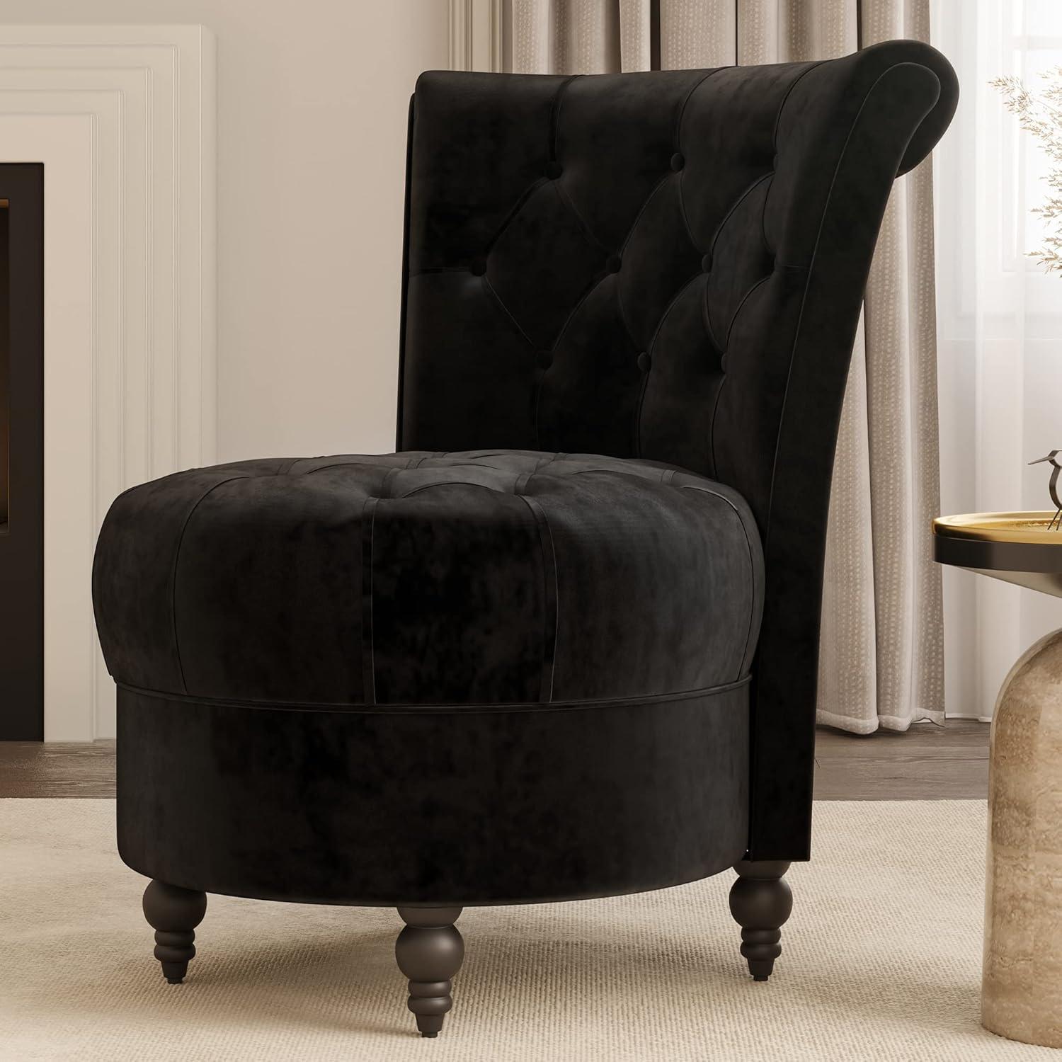 BELLEZE Throne Royal Chair Set of 2, Button-Tufted Accent Chair, Upholstered Velvet Chair, Low Back Armless Chair with Thick Padding and Rubberwood Legs - Malik (Black)