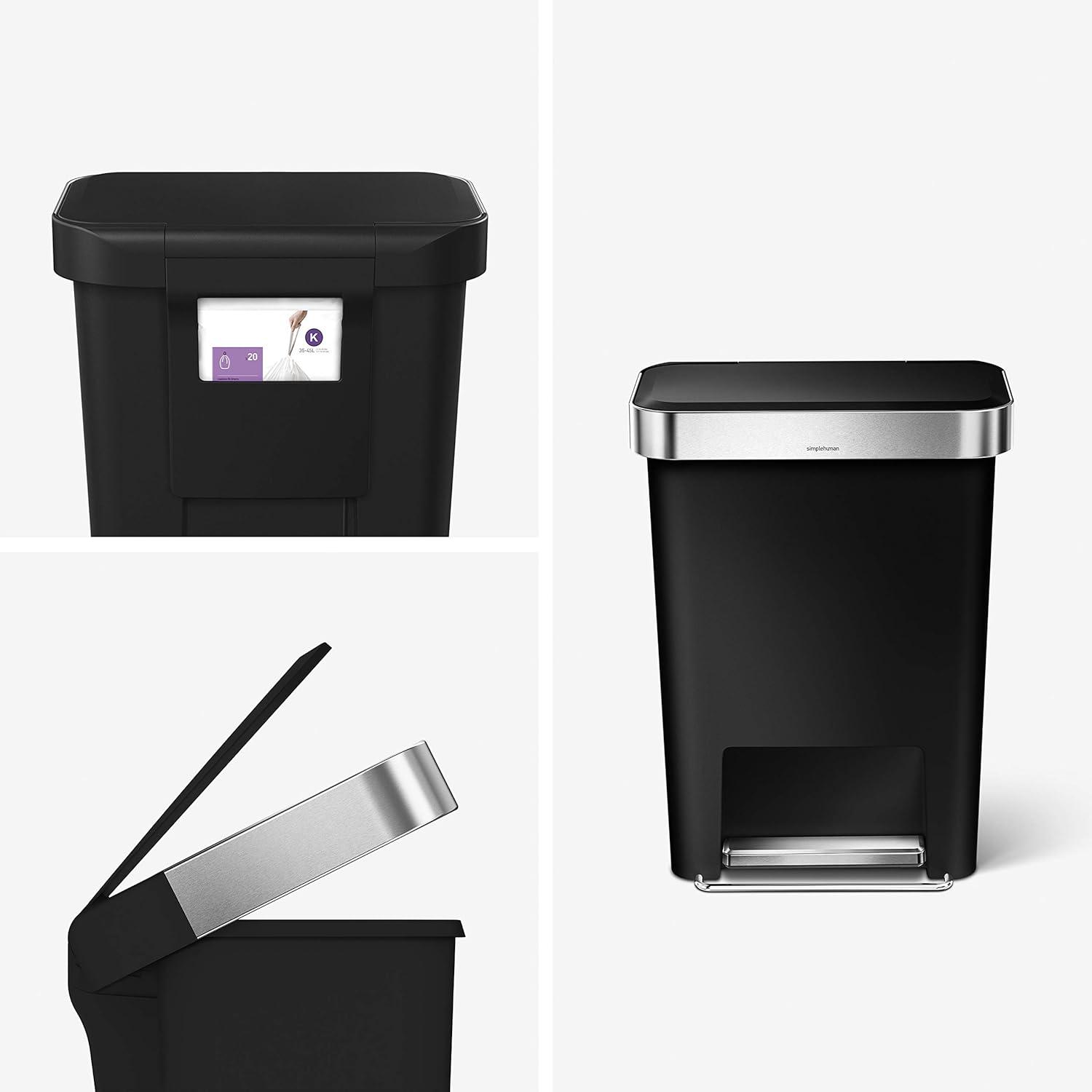Simplehuman 45 Liter Rectangular Kitchen Trash Can with Liner Pocket, Black Plastic