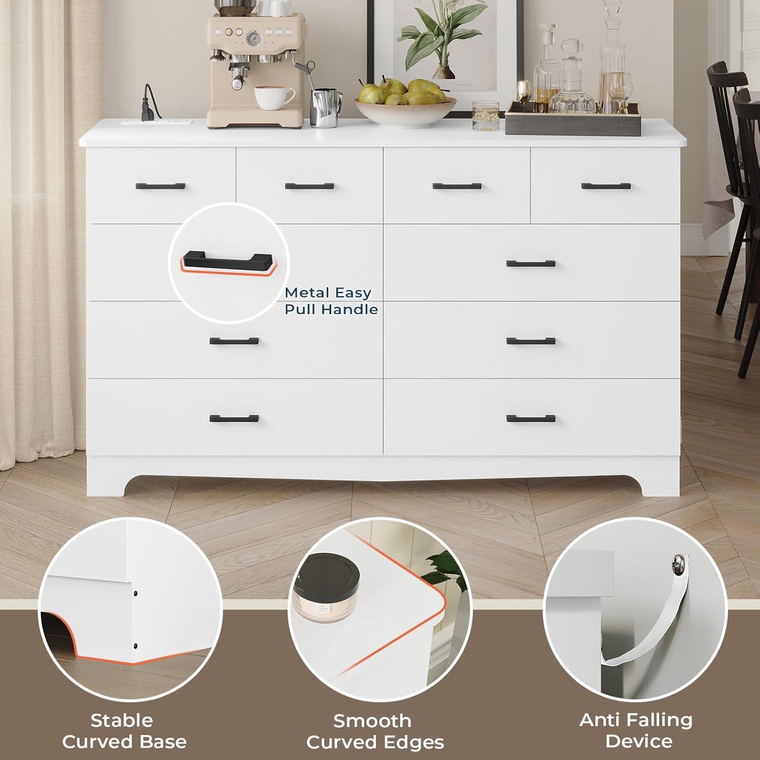 10 Drawers Dresser for Bedroom, Chest of Drawers with Charging Station, Bedroom Storage Organizer, White