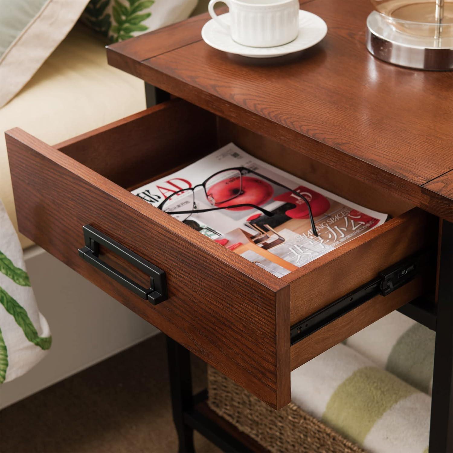 Mission Oak and Matte Black Metal 1-Drawer Nightstand