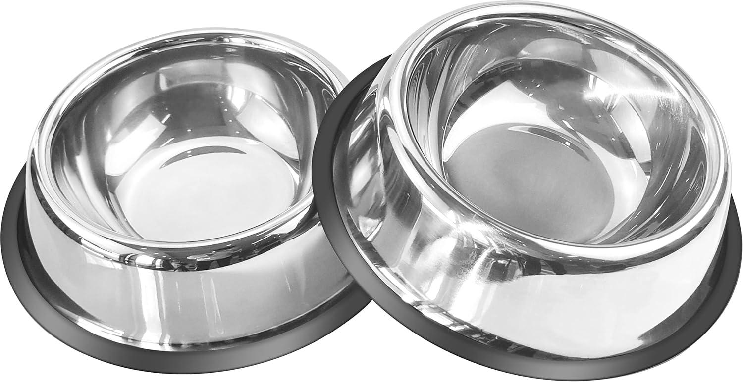 No Spill Dog Feeder Bowls, Stainless Steel with Rubber Mat, Set of 2,