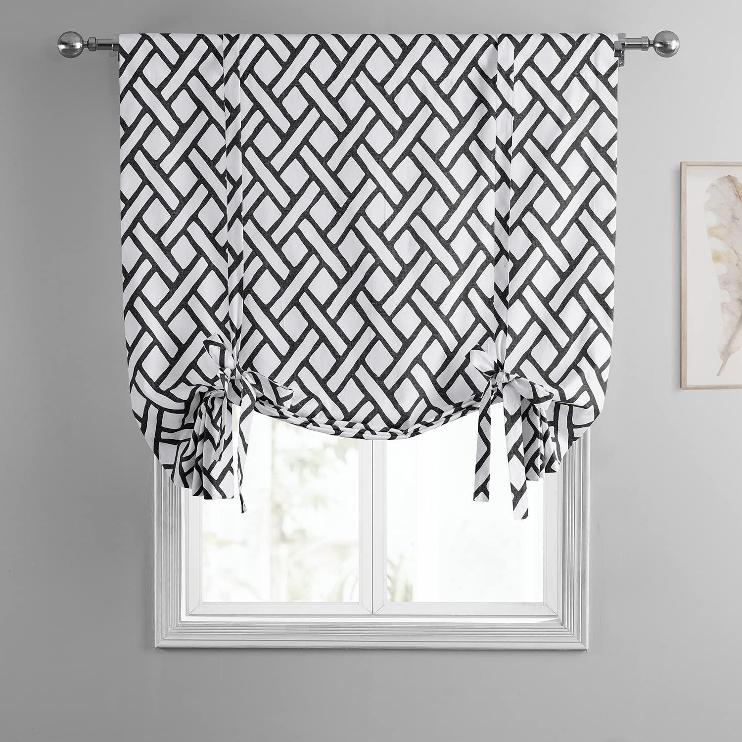 HPD Half Price Drapes Printed Cotton Room Darkening Tie Up Curtains for Windows - 46 x 63 Roll Up Balloon Curtain for Living Room, Kitchen (1 Panel), PRCT-TUD215C-63, Garden Path Black