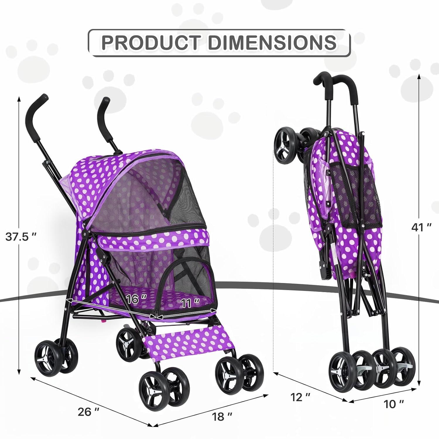 Magshion Foldable Lightweight Pet Trolley for Pet Cats & Dogs, 4 Wheel, Purple with White Polka Dots