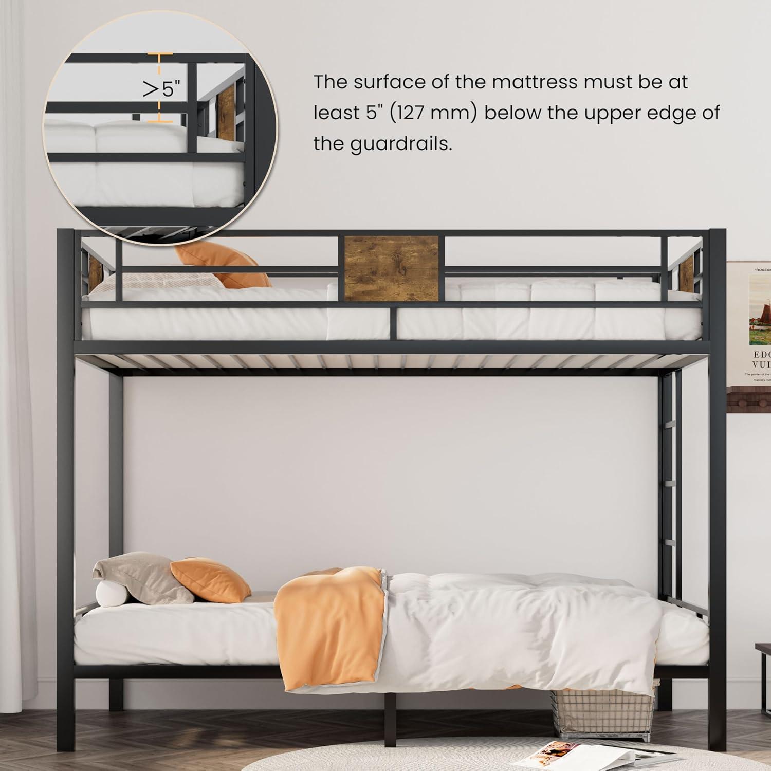 Twin Over Twin Black Metal Bunk Bed with Ladder and Guardrail