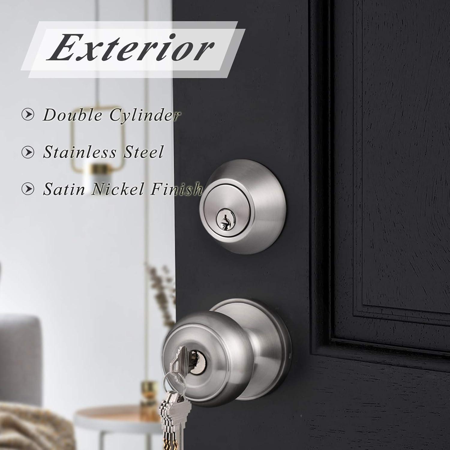 Brushed Nickel Round Stainless Steel Entry Knob and Deadbolt Set