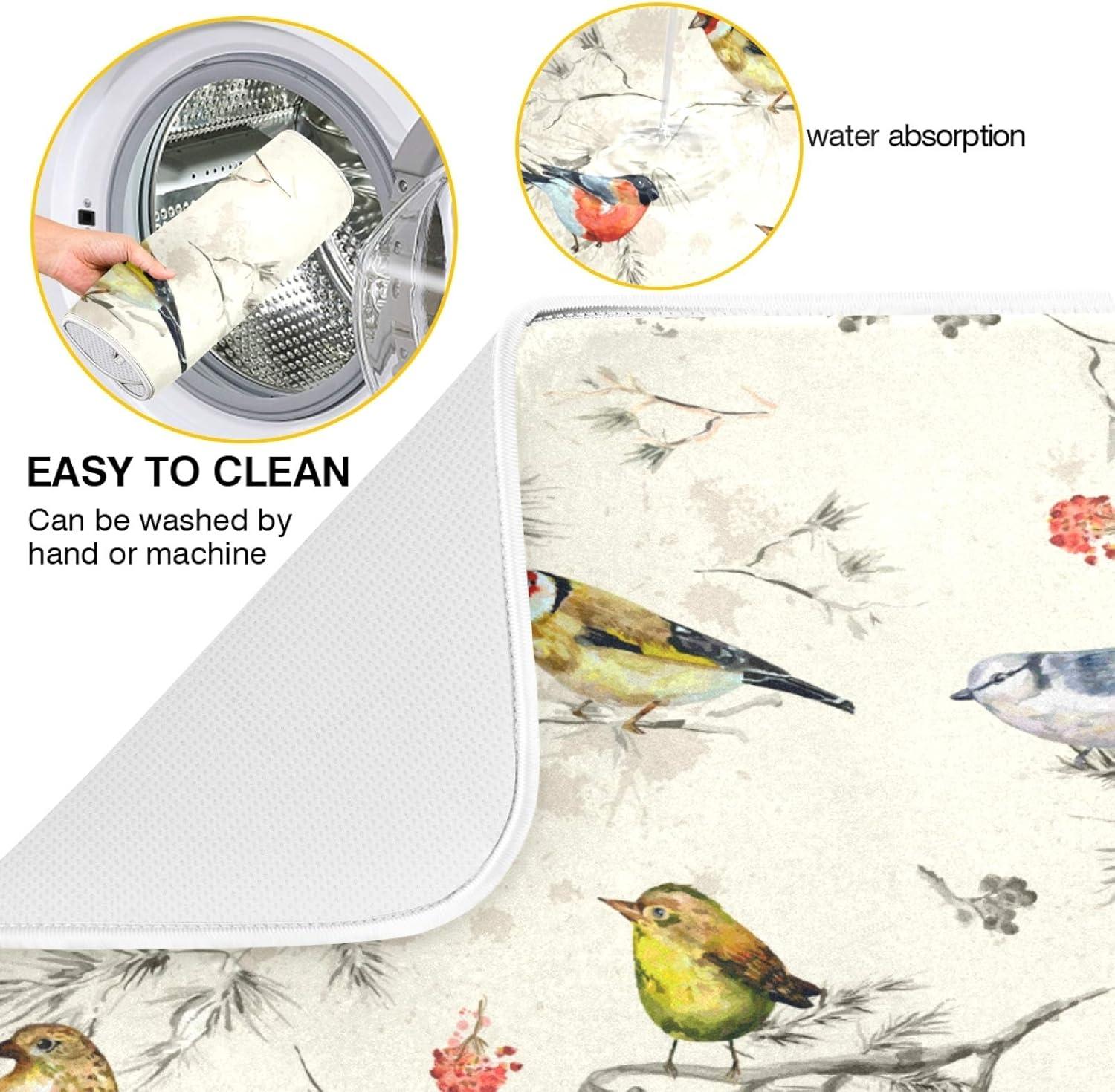 Dish Drying Mat Kitchen Counter Colorful Birds Dishes Drainer Pad Absorbent Microfiber Reversible 16"x18"