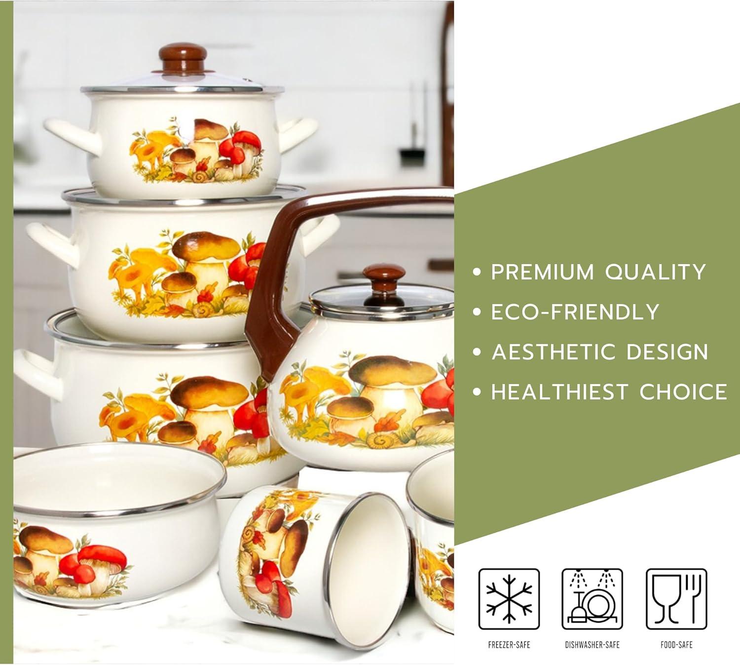 STP Goods Traditional Country Style Mushrooms Belly Deep Casserole Soup Pot with Glass Lid