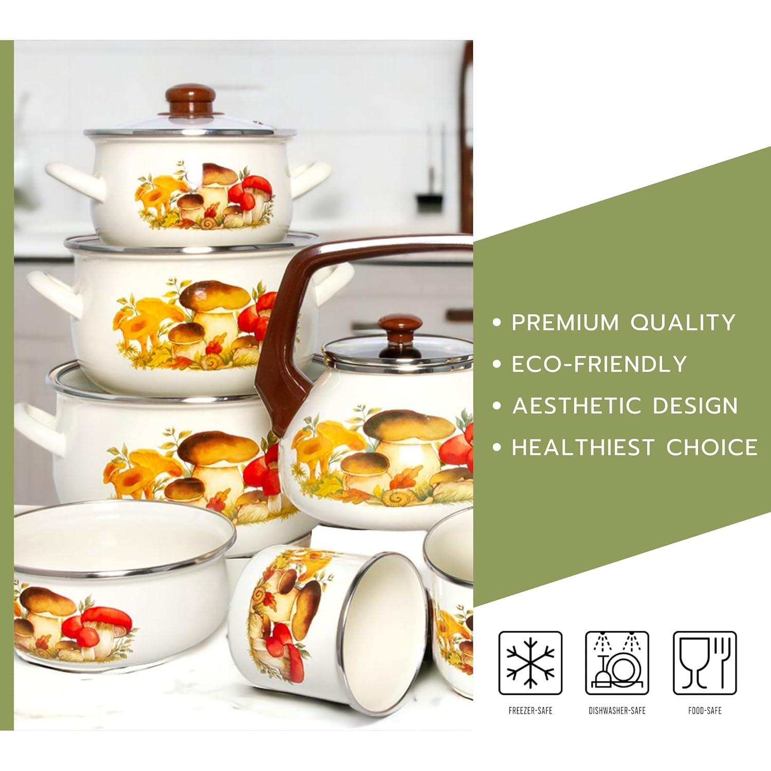 STP Goods Traditional Country Style Mushrooms Belly Deep Casserole Soup Pot with Glass Lid